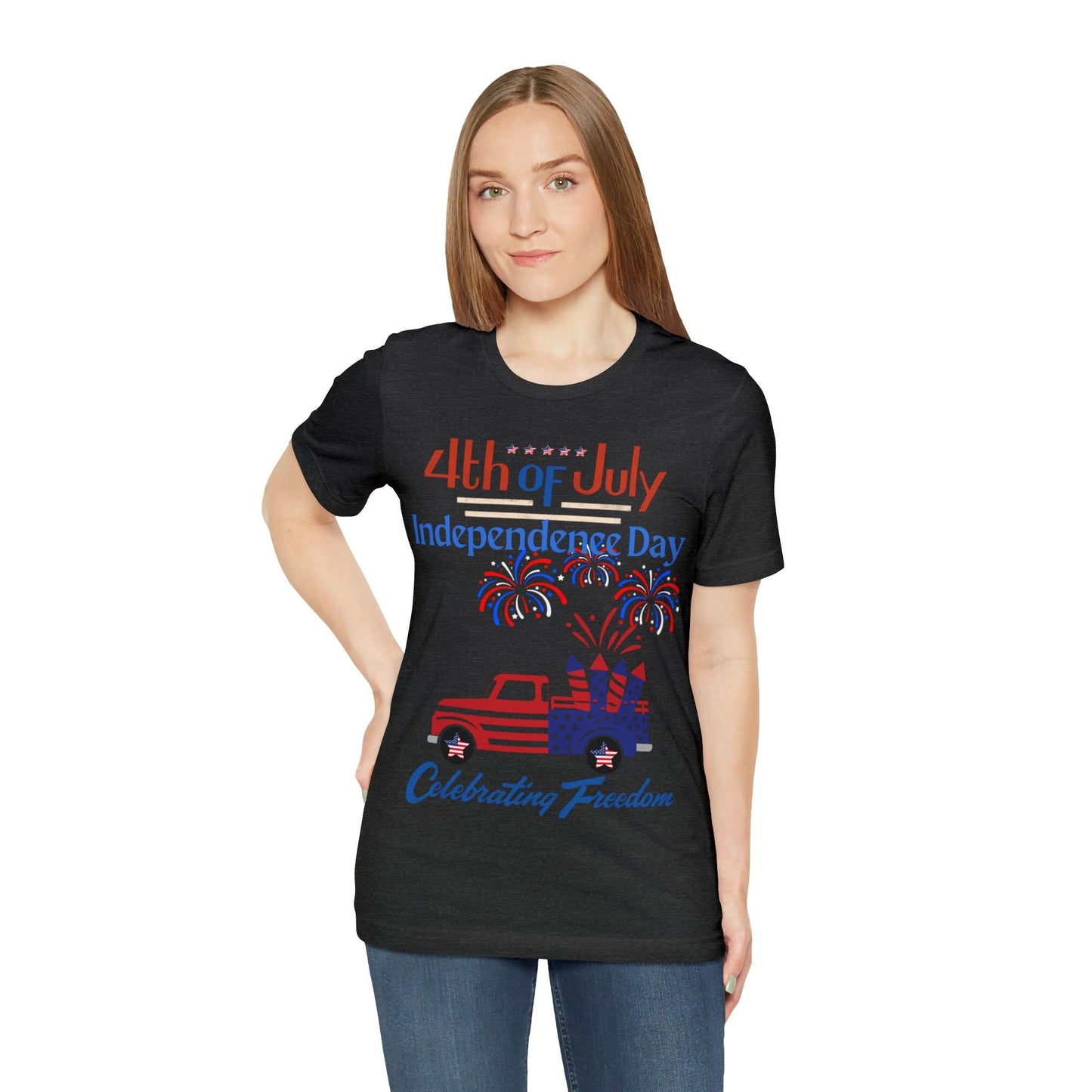 Celebrate Independence with our Patriotic Freedom Shirt! Men and Women's 4th of July Shirt featuring USA Flag, Fireworks, and Joyful Spirit!"