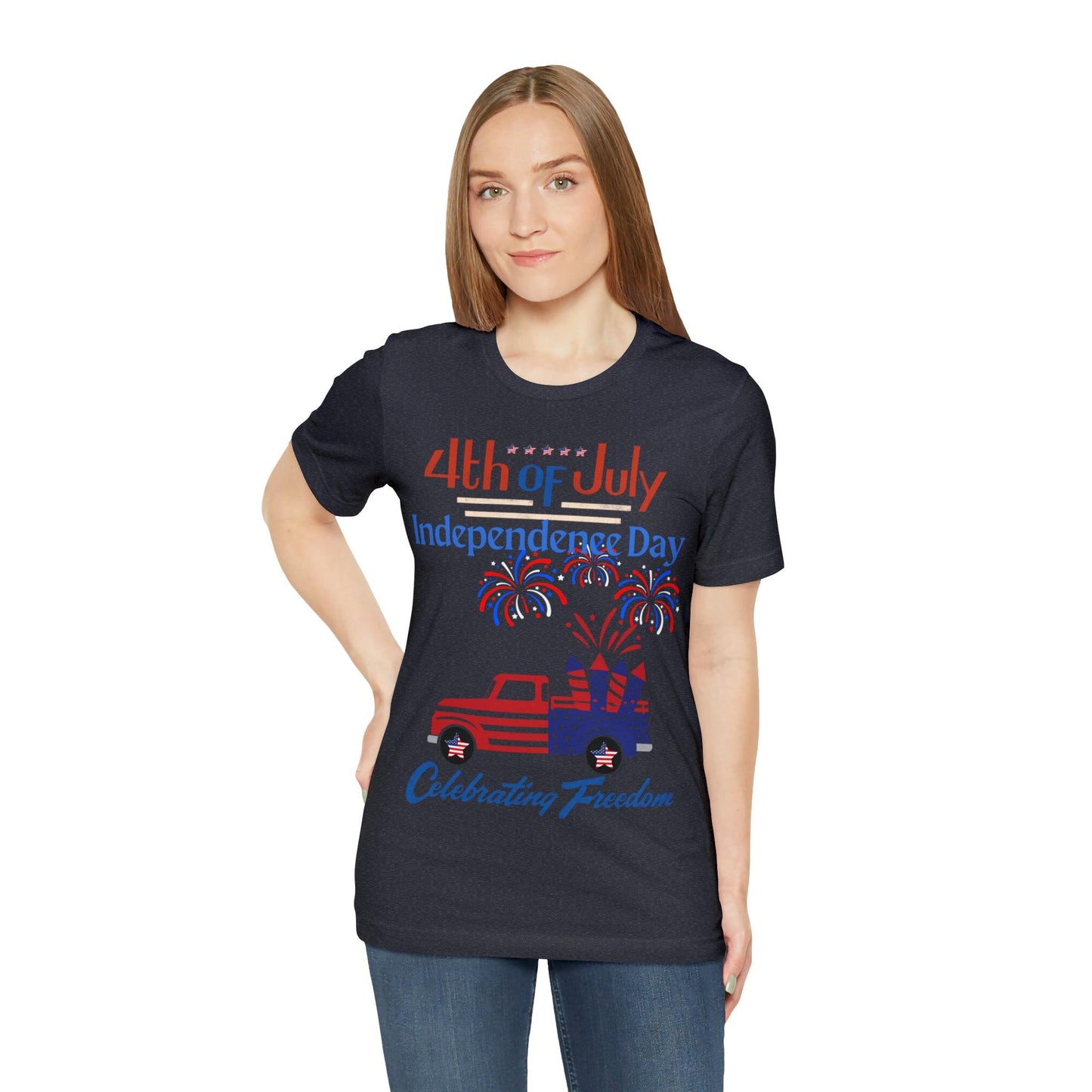 Celebrate Independence with our Patriotic Freedom Shirt! Men and Women's 4th of July Shirt featuring USA Flag, Fireworks, and Joyful Spirit!"