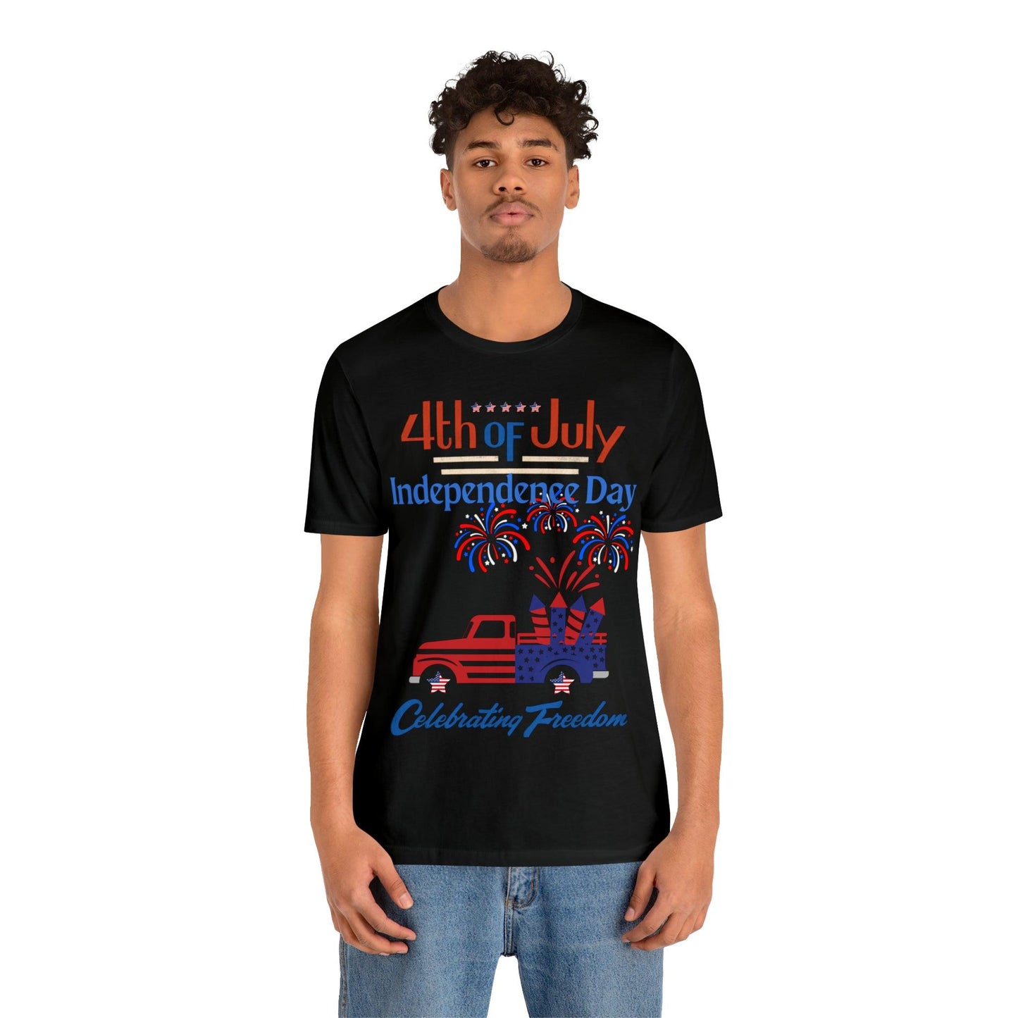 Celebrate Independence with our Patriotic Freedom Shirt! Men and Women's 4th of July Shirt featuring USA Flag, Fireworks, and Joyful Spirit!"