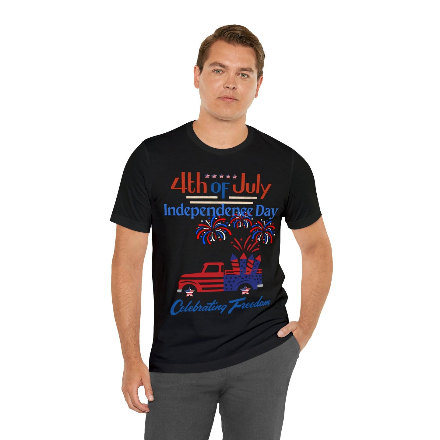 Celebrate Independence with our Patriotic Freedom Shirt! Men and Women's 4th of July Shirt featuring USA Flag, Fireworks, and Joyful Spirit!"