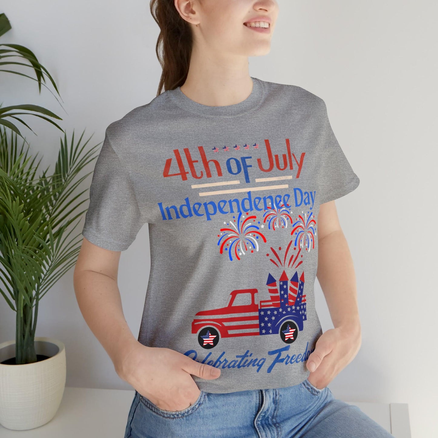 Celebrate Independence with our Patriotic Freedom Shirt! Men and Women's 4th of July Shirt featuring USA Flag, Fireworks, and Joyful Spirit!"