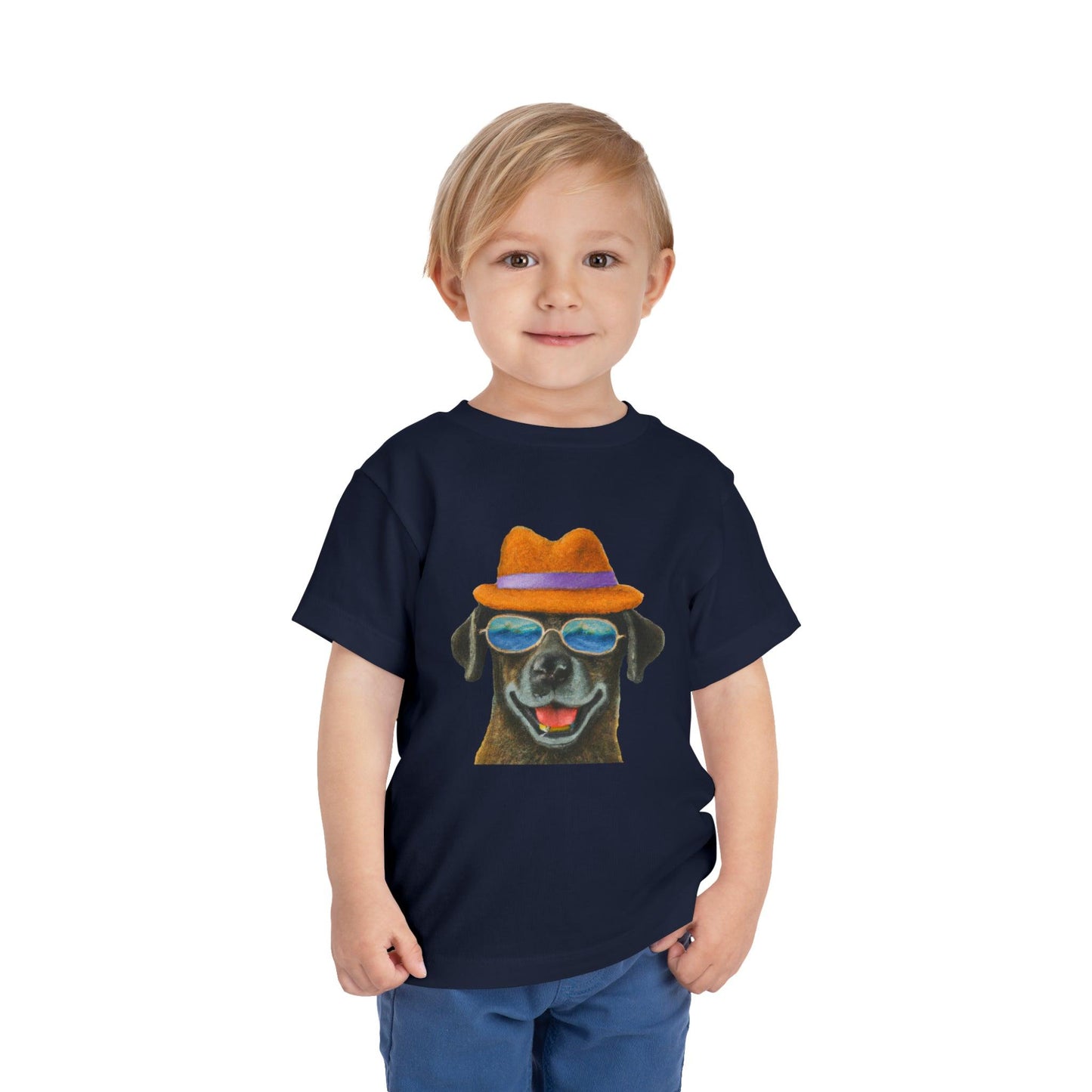Dog at the beach wearing a hat and sunglasses painted art Toddler Short Sleeve Tee - Giftsmojo
