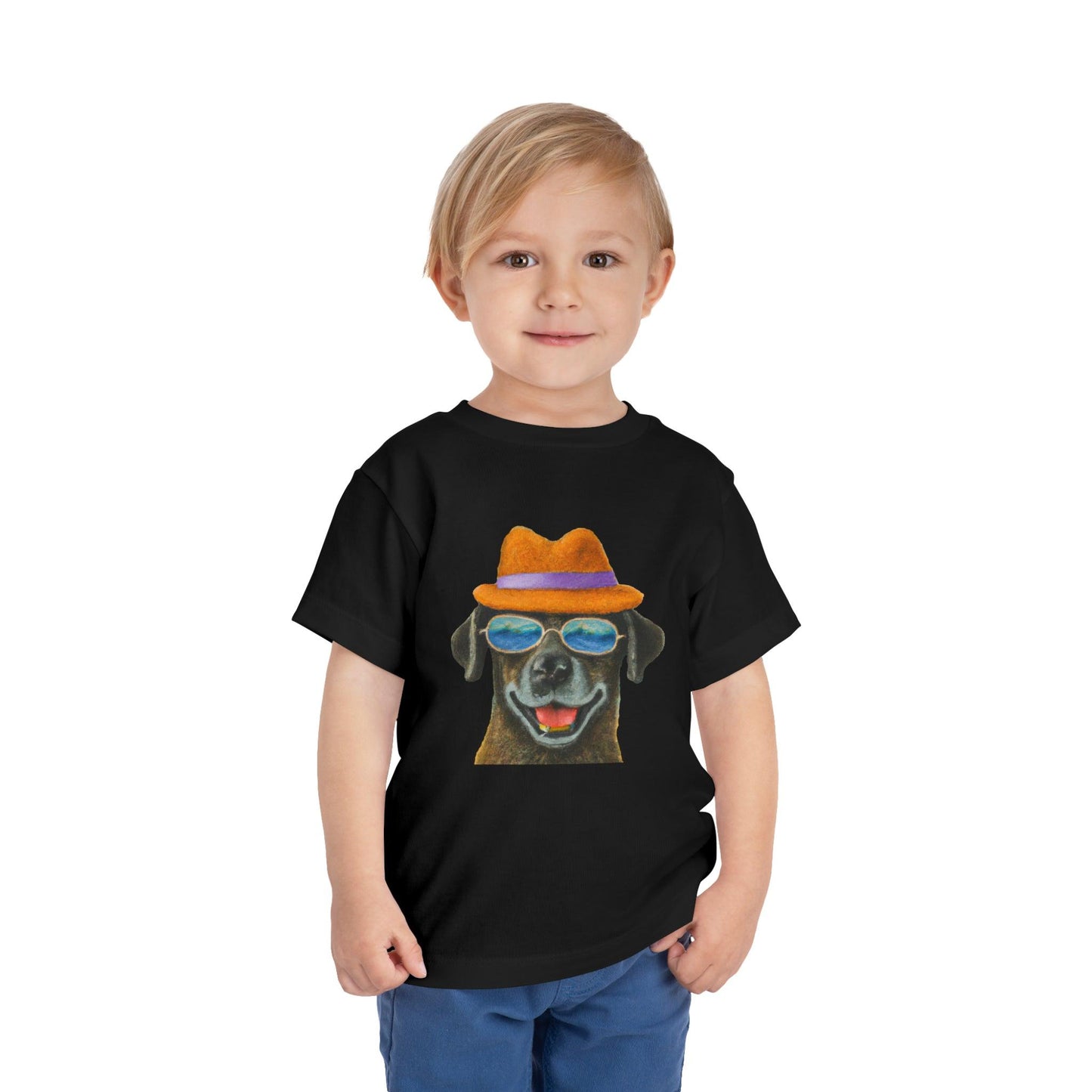 Dog at the beach wearing a hat and sunglasses painted art Toddler Short Sleeve Tee - Giftsmojo