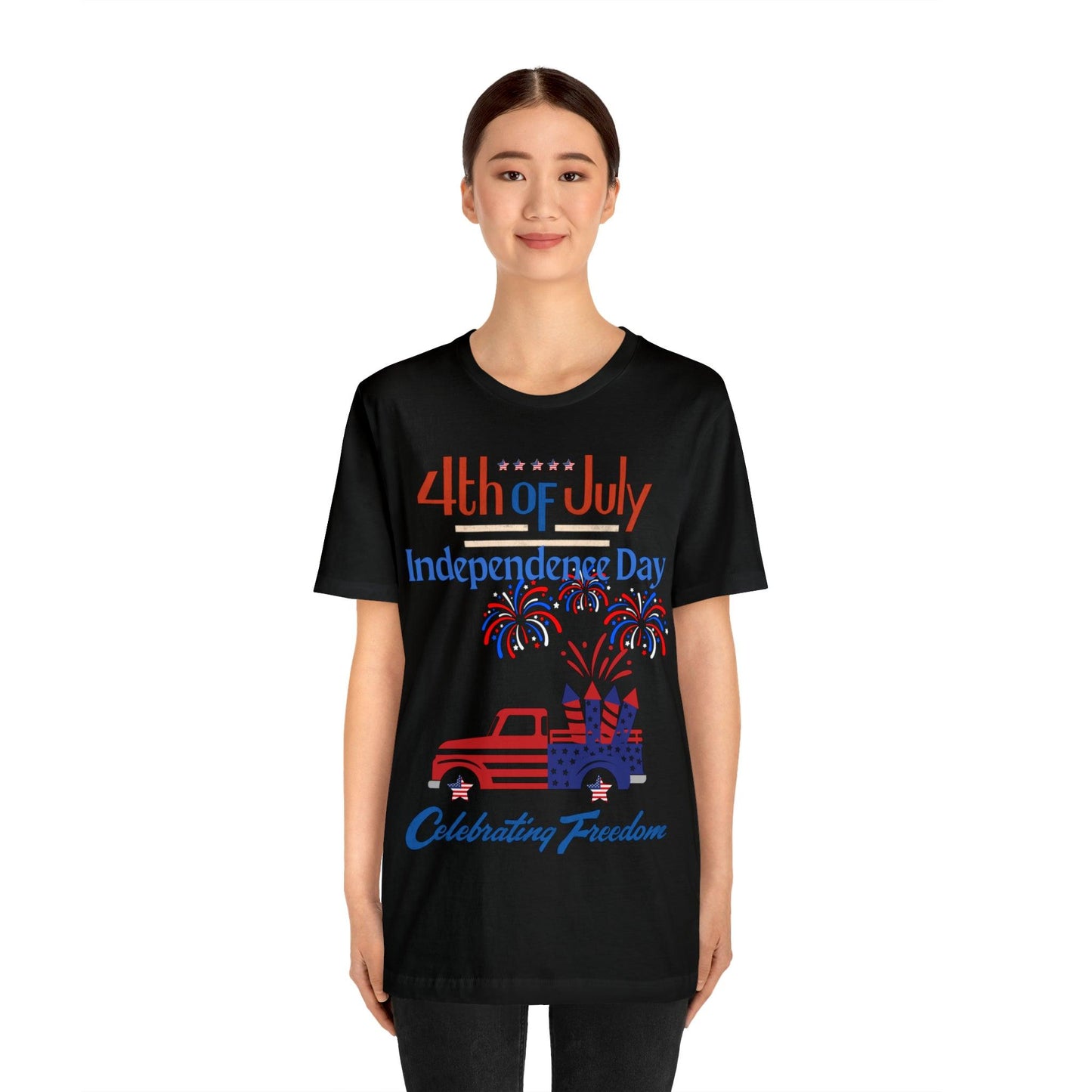 Celebrate Independence with our Patriotic Freedom Shirt! Men and Women's 4th of July Shirt featuring USA Flag, Fireworks, and Joyful Spirit!"