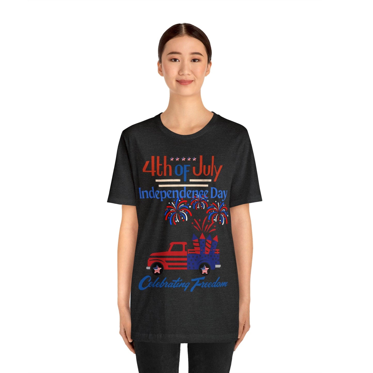 Celebrate Independence with our Patriotic Freedom Shirt! Men and Women's 4th of July Shirt featuring USA Flag, Fireworks, and Joyful Spirit!"