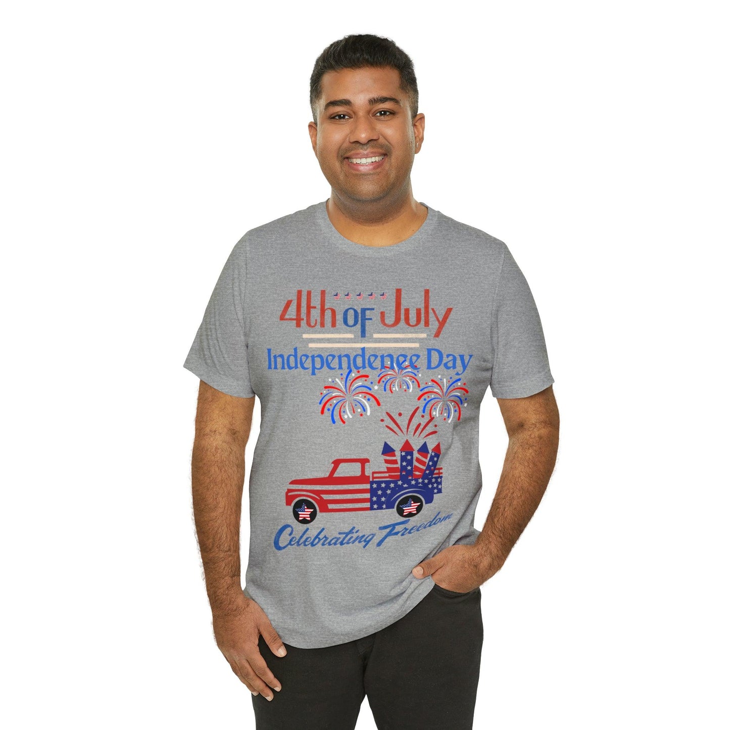 Celebrate Independence with our Patriotic Freedom Shirt! Men and Women's 4th of July Shirt featuring USA Flag, Fireworks, and Joyful Spirit!"