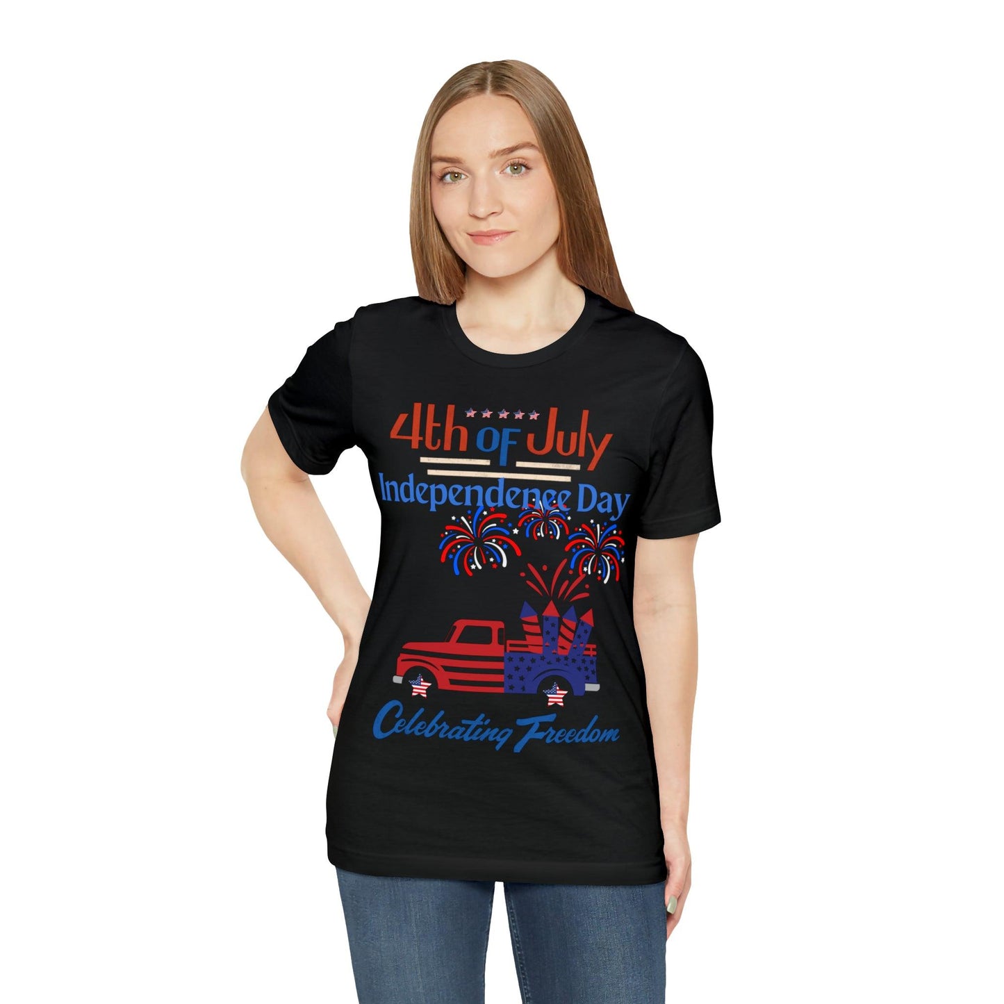 Celebrate Independence with our Patriotic Freedom Shirt! Men and Women's 4th of July Shirt featuring USA Flag, Fireworks, and Joyful Spirit!"