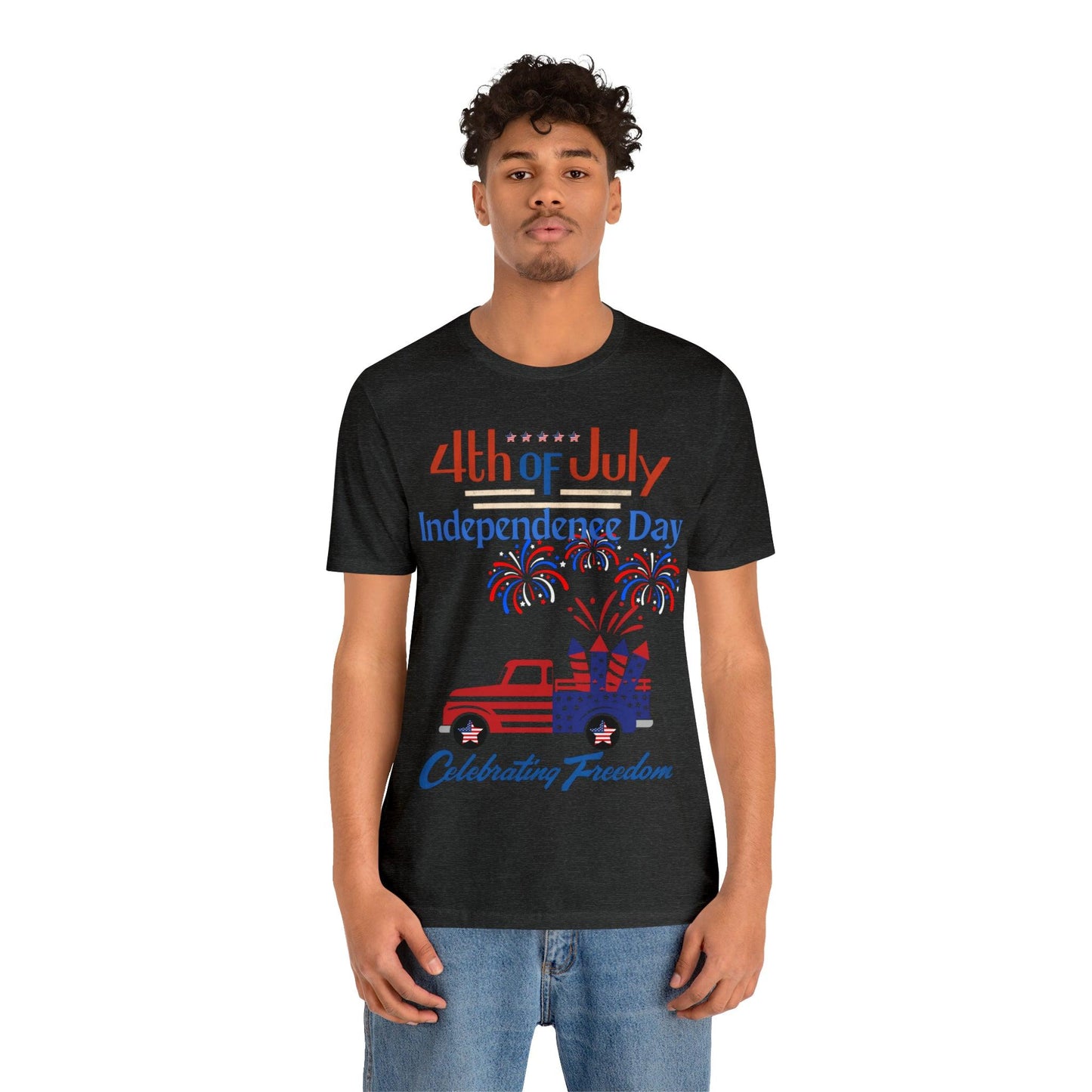 Celebrate Independence with our Patriotic Freedom Shirt! Men and Women's 4th of July Shirt featuring USA Flag, Fireworks, and Joyful Spirit!"