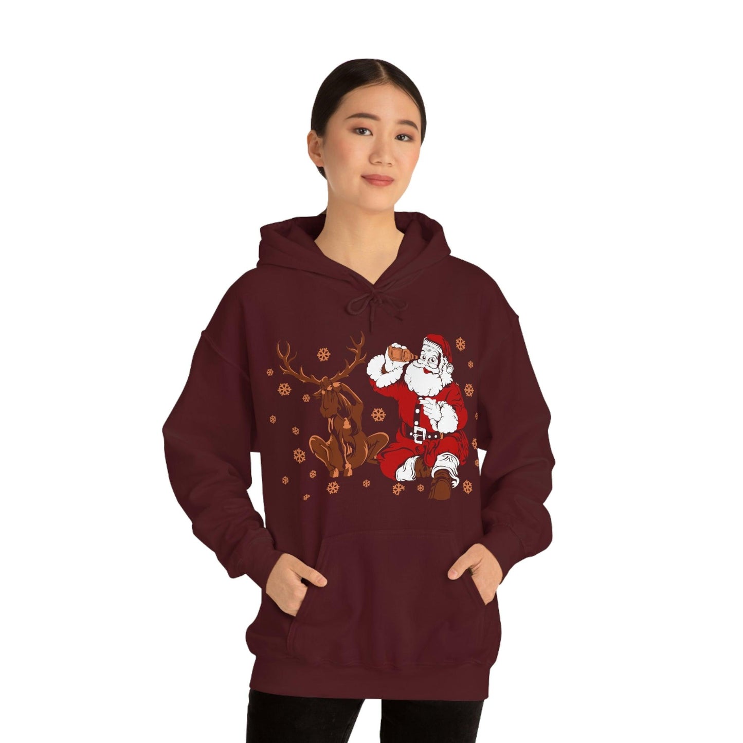 Santa and Reindeer Hooded Sweatshirt Christmas Shirt Funny Christmas Sweatshirt Christmas Gifts Santa Drinking Beer