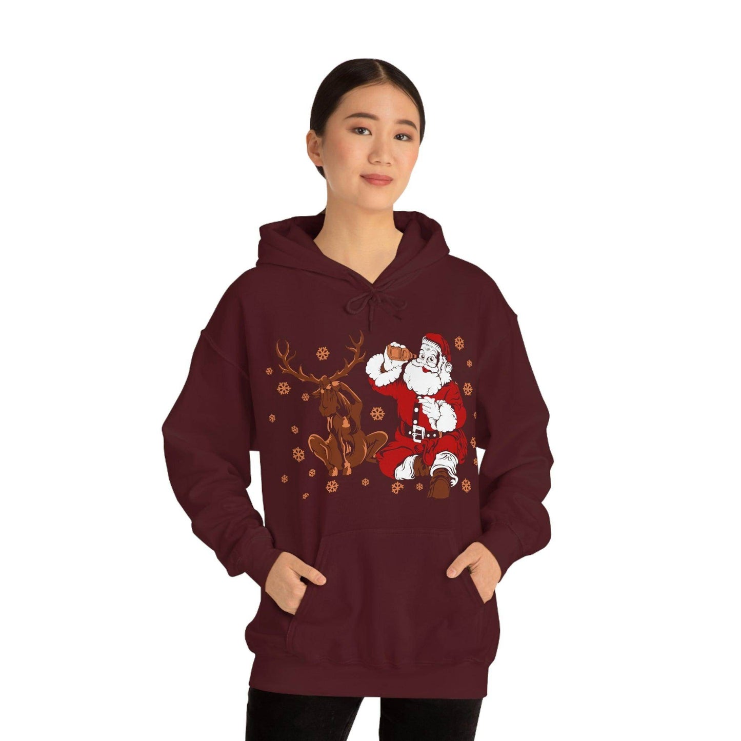 Santa and Reindeer Hooded Sweatshirt Christmas Shirt Funny Christmas Sweatshirt Christmas Gifts Santa Drinking Beer - Giftsmojo