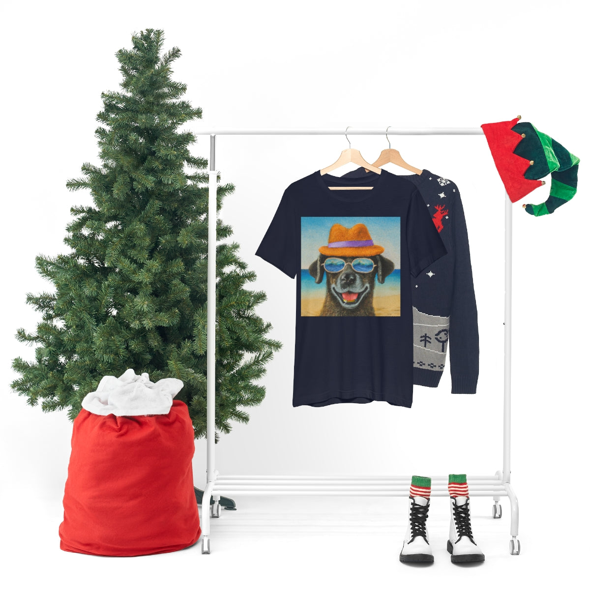 Dog with glasses and hat by the beach painting on ladies Tshirt