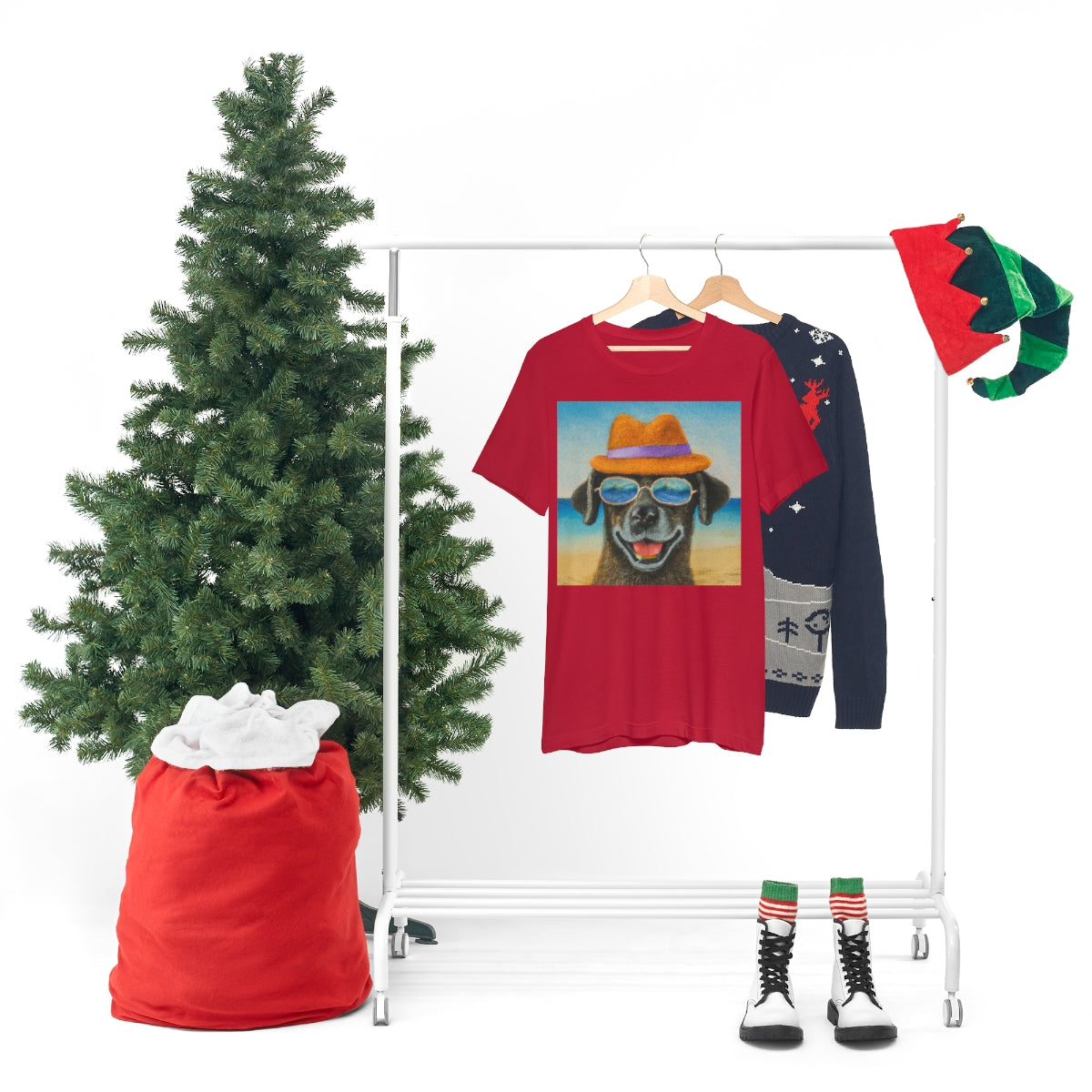Dog with glasses and hat by the beach painting on ladies Tshirt