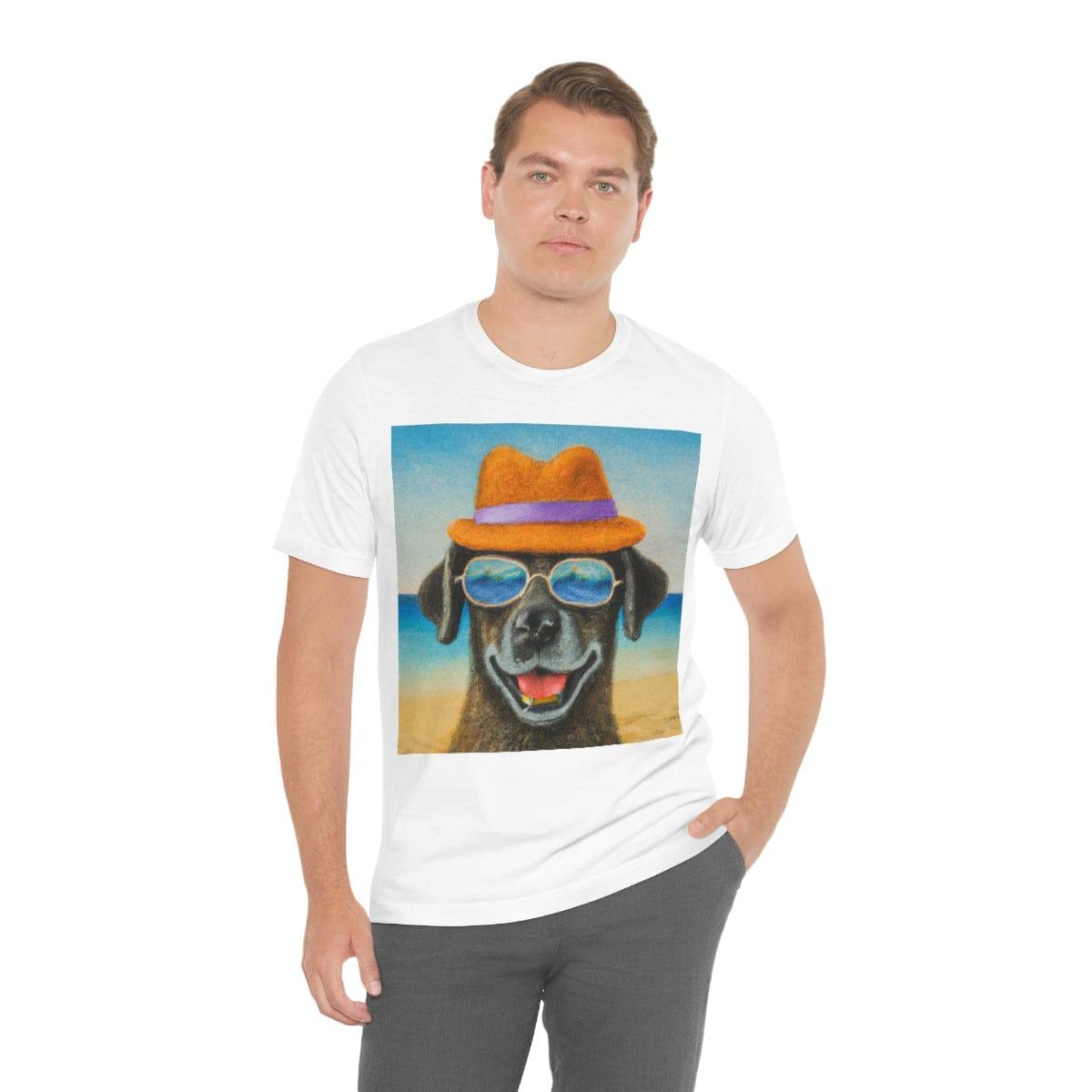 Dog with glasses and hat by the beach painting on ladies Tshirt - Giftsmojo