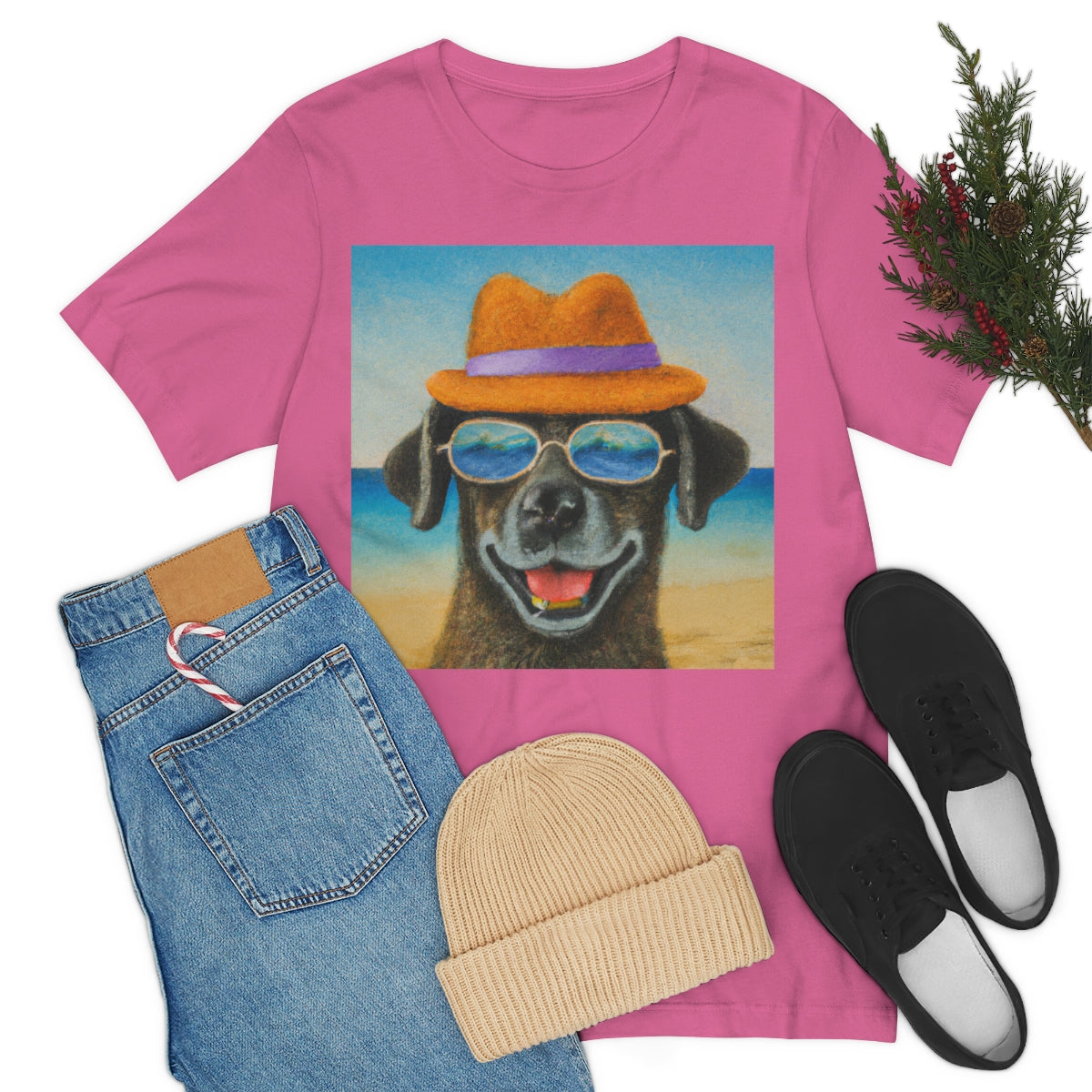 Dog with glasses and hat by the beach painting on ladies Tshirt