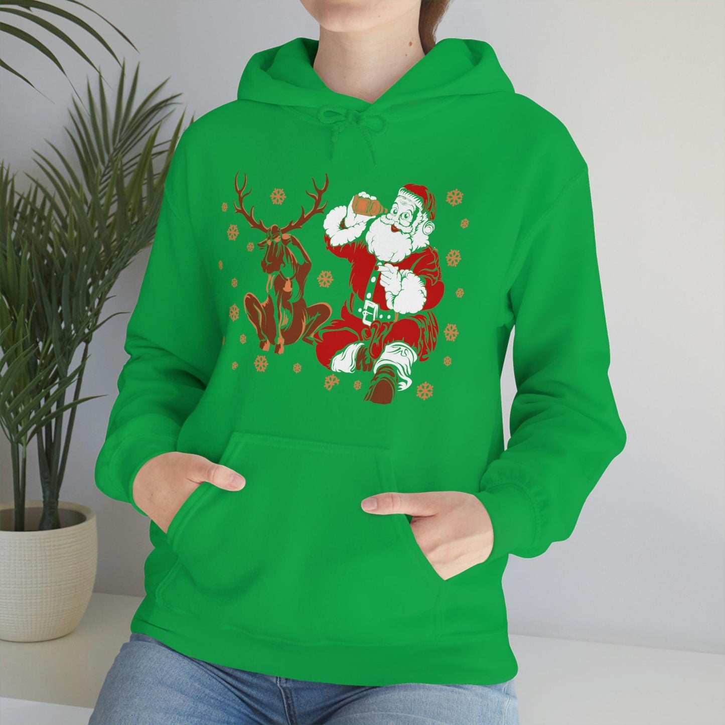 Santa and Reindeer Hooded Sweatshirt Christmas Shirt Funny Christmas Sweatshirt Christmas Gifts Santa Drinking Beer
