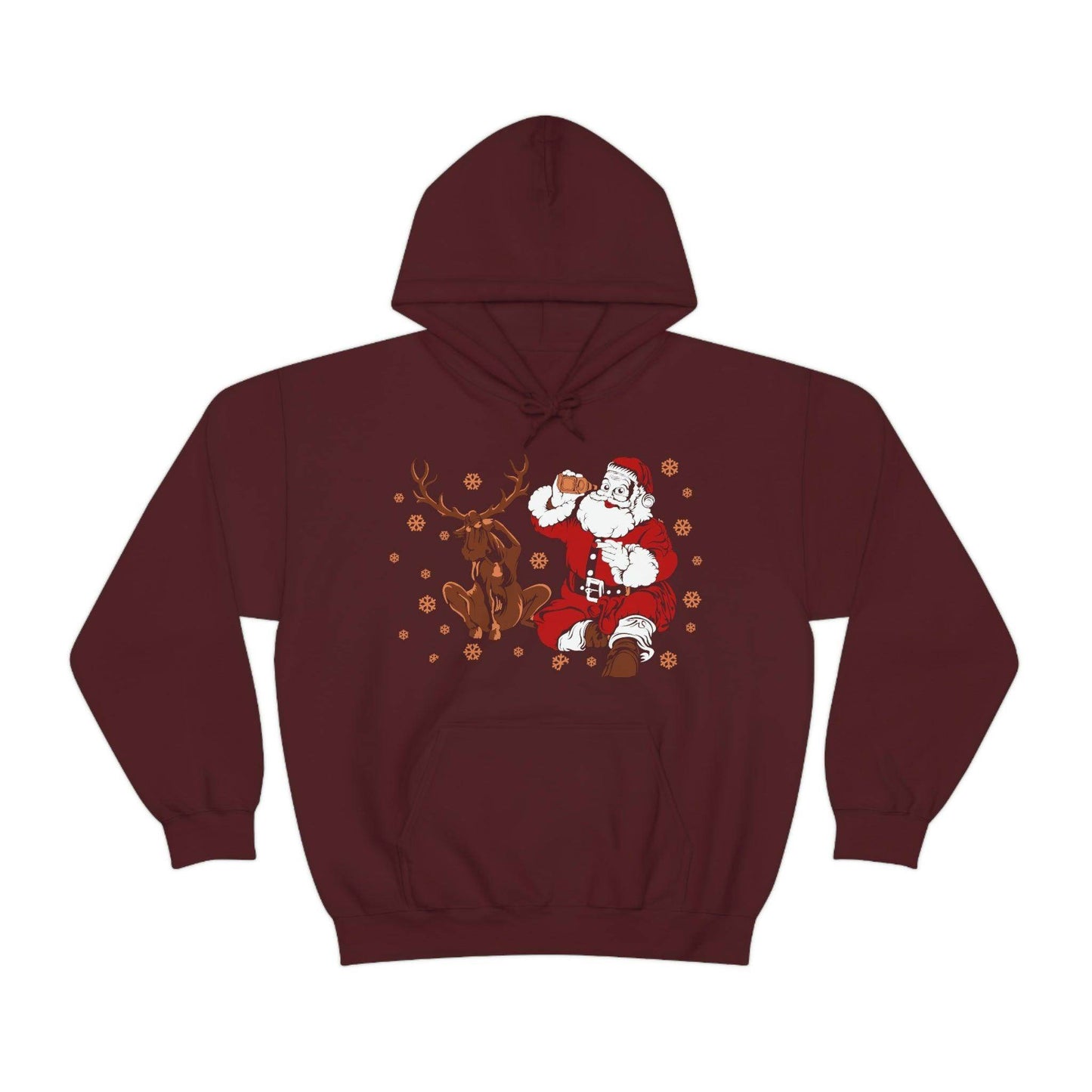 Santa and Reindeer Hooded Sweatshirt Christmas Shirt Funny Christmas Sweatshirt Christmas Gifts Santa Drinking Beer - Giftsmojo