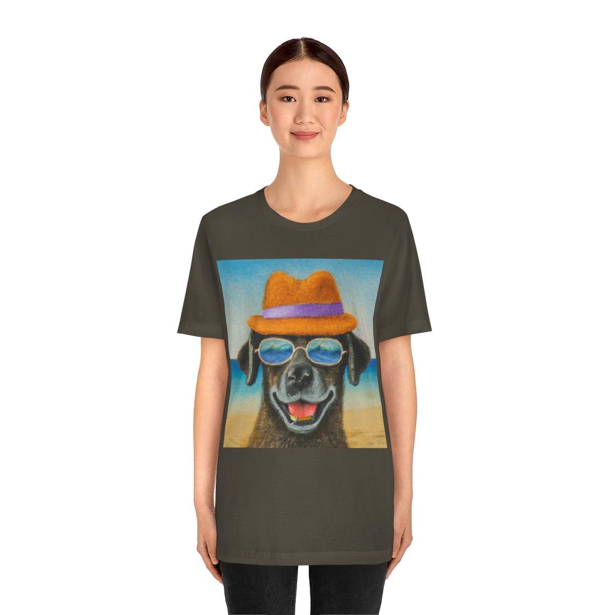 Dog with glasses and hat by the beach painting on ladies Tshirt - Giftsmojo