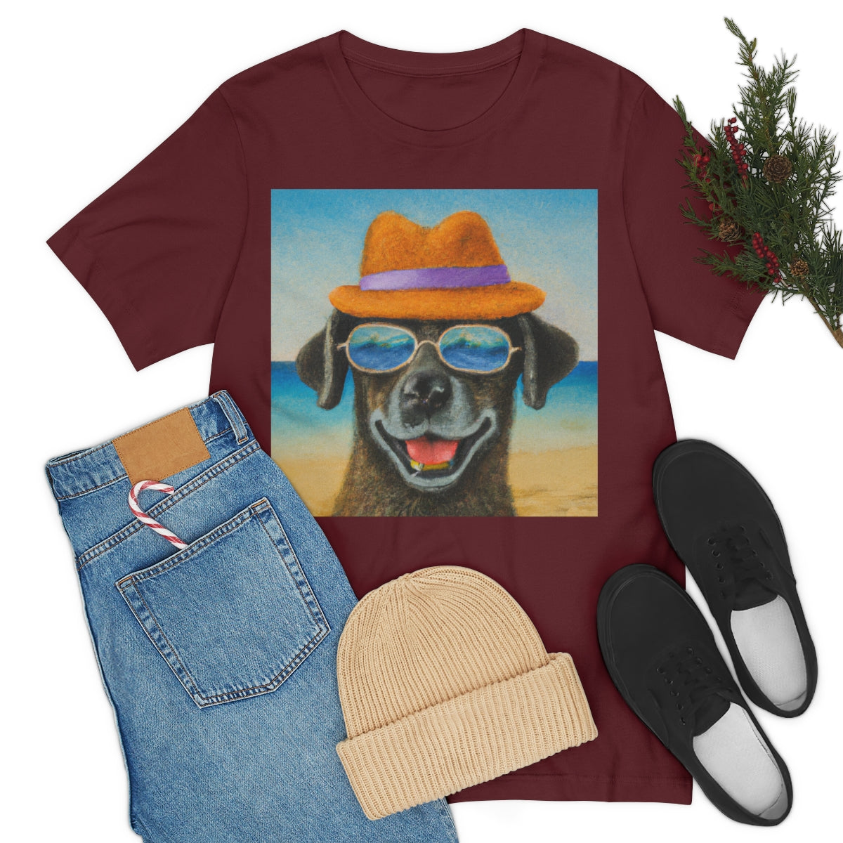 Dog with glasses and hat by the beach painting on ladies Tshirt