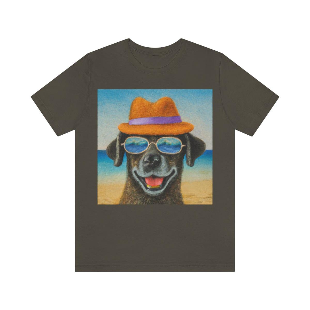 Dog with glasses and hat by the beach painting on ladies Tshirt - Giftsmojo
