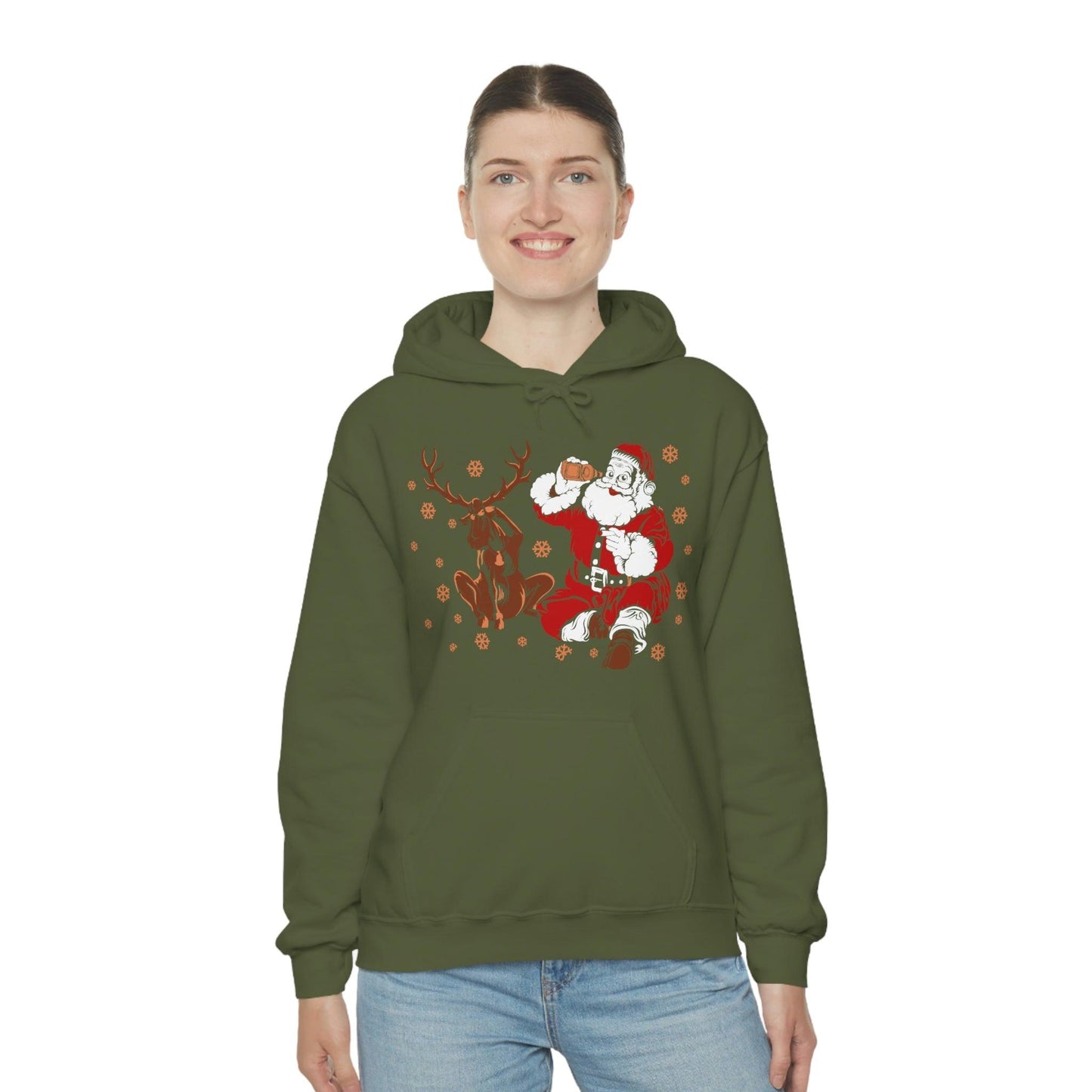 Santa and Reindeer Hooded Sweatshirt Christmas Shirt Funny Christmas Sweatshirt Christmas Gifts Santa Drinking Beer