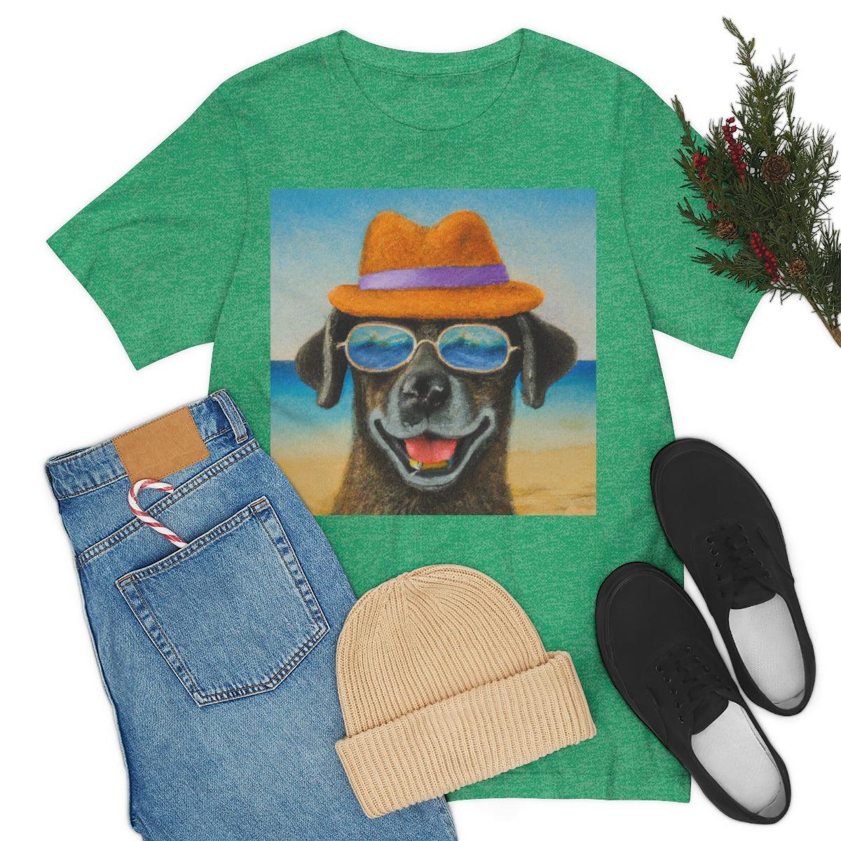 Dog with glasses and hat by the beach painting on ladies Tshirt - Giftsmojo