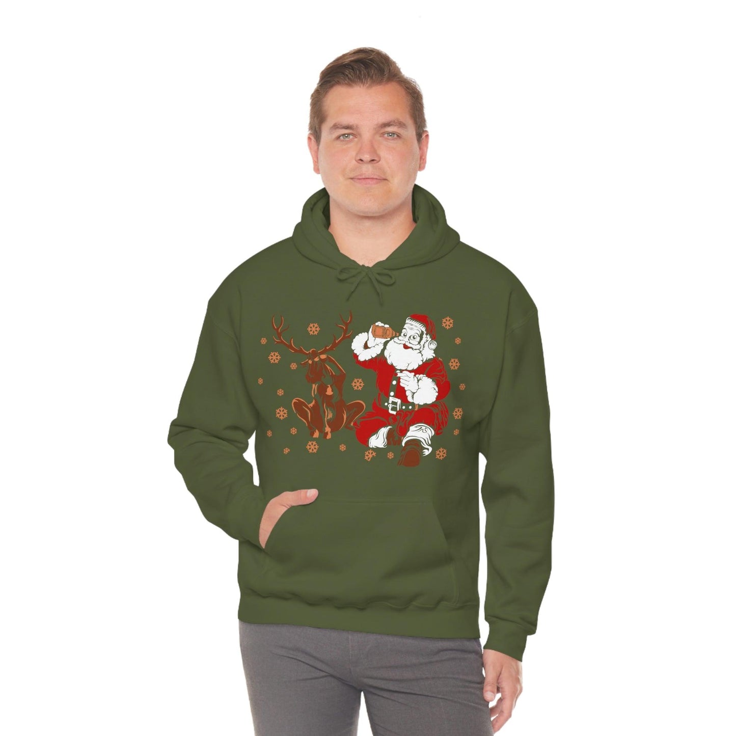Santa and Reindeer Hooded Sweatshirt Christmas Shirt Funny Christmas Sweatshirt Christmas Gifts Santa Drinking Beer