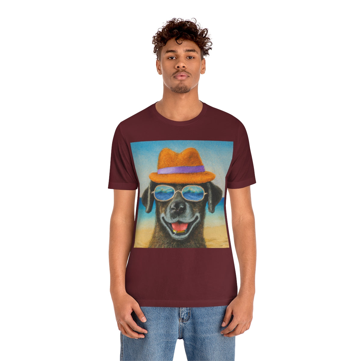 Dog with glasses and hat by the beach painting on ladies Tshirt