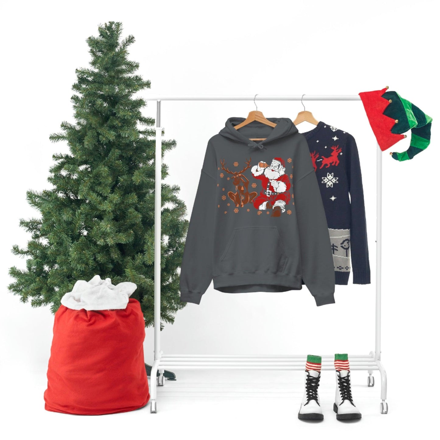 Santa and Reindeer Hooded Sweatshirt Christmas Shirt Funny Christmas Sweatshirt Christmas Gifts Santa Drinking Beer