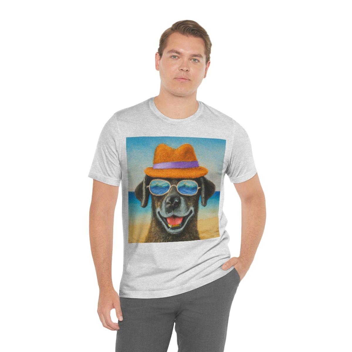 Dog with glasses and hat by the beach painting on ladies Tshirt - Giftsmojo