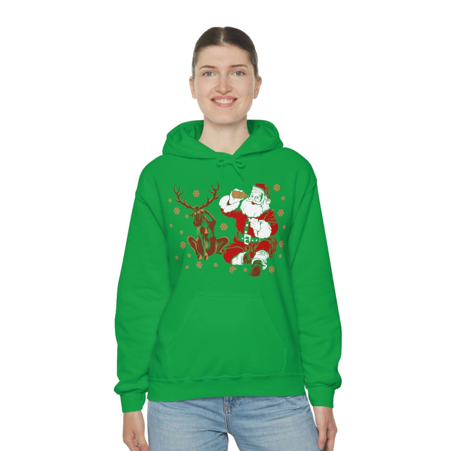Santa and Reindeer Hooded Sweatshirt Christmas Shirt Funny Christmas Sweatshirt Christmas Gifts Santa Drinking Beer - Giftsmojo