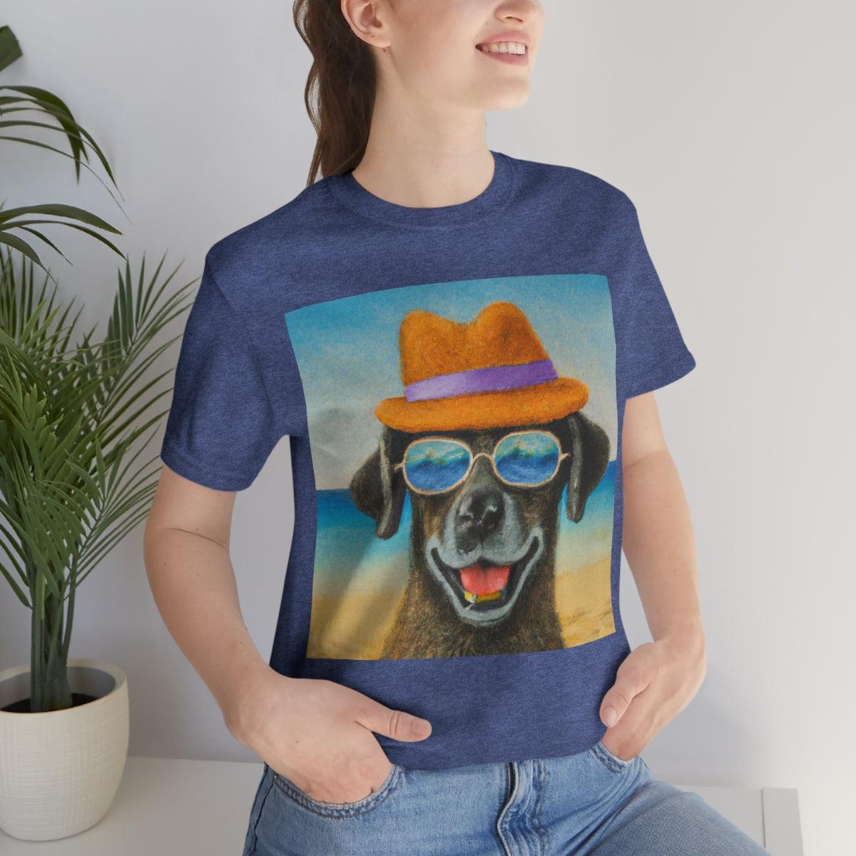Dog with glasses and hat by the beach painting on ladies Tshirt - Giftsmojo