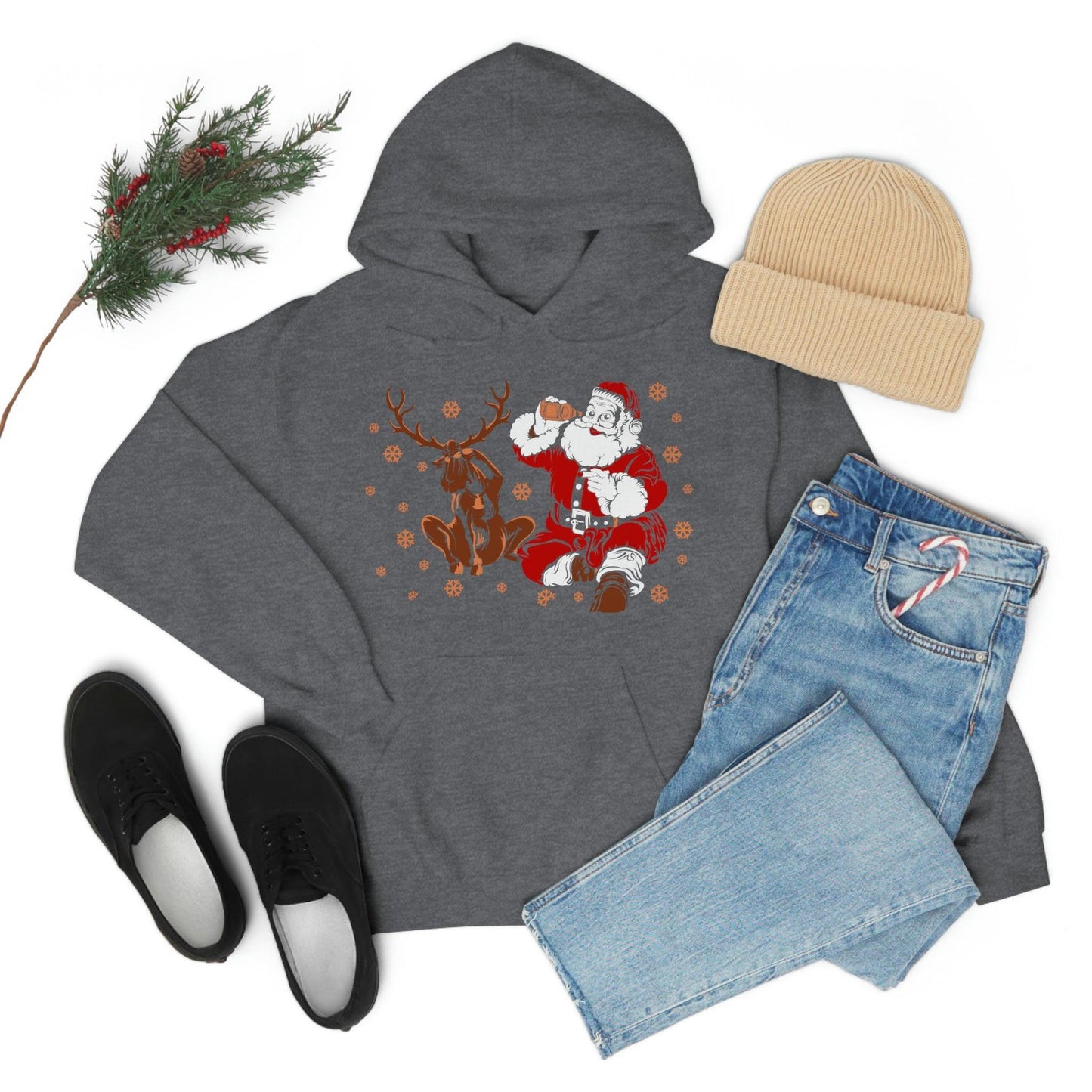 Santa and Reindeer Hooded Sweatshirt Christmas Shirt Funny Christmas Sweatshirt Christmas Gifts Santa Drinking Beer
