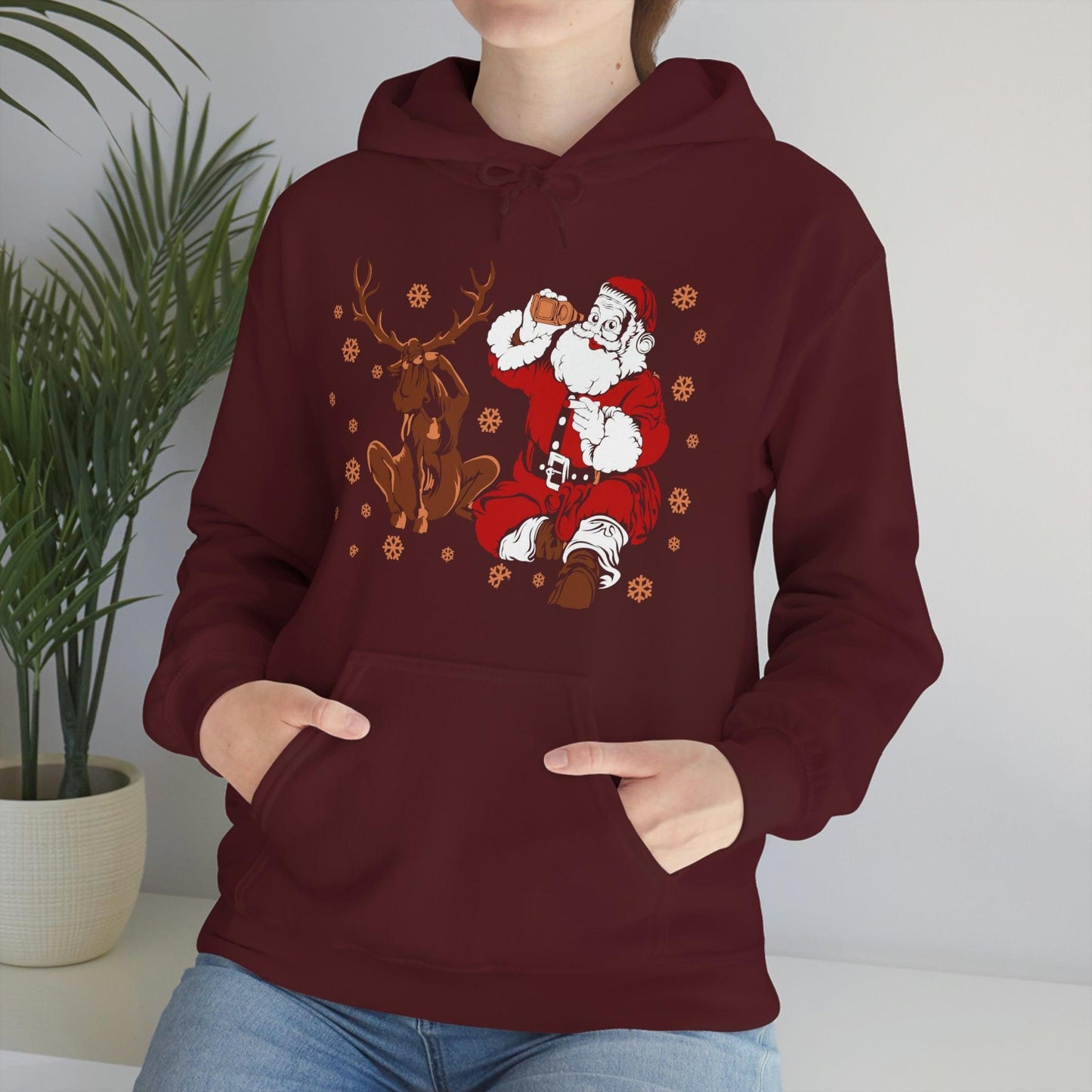 Santa and Reindeer Hooded Sweatshirt Christmas Shirt Funny Christmas Sweatshirt Christmas Gifts Santa Drinking Beer