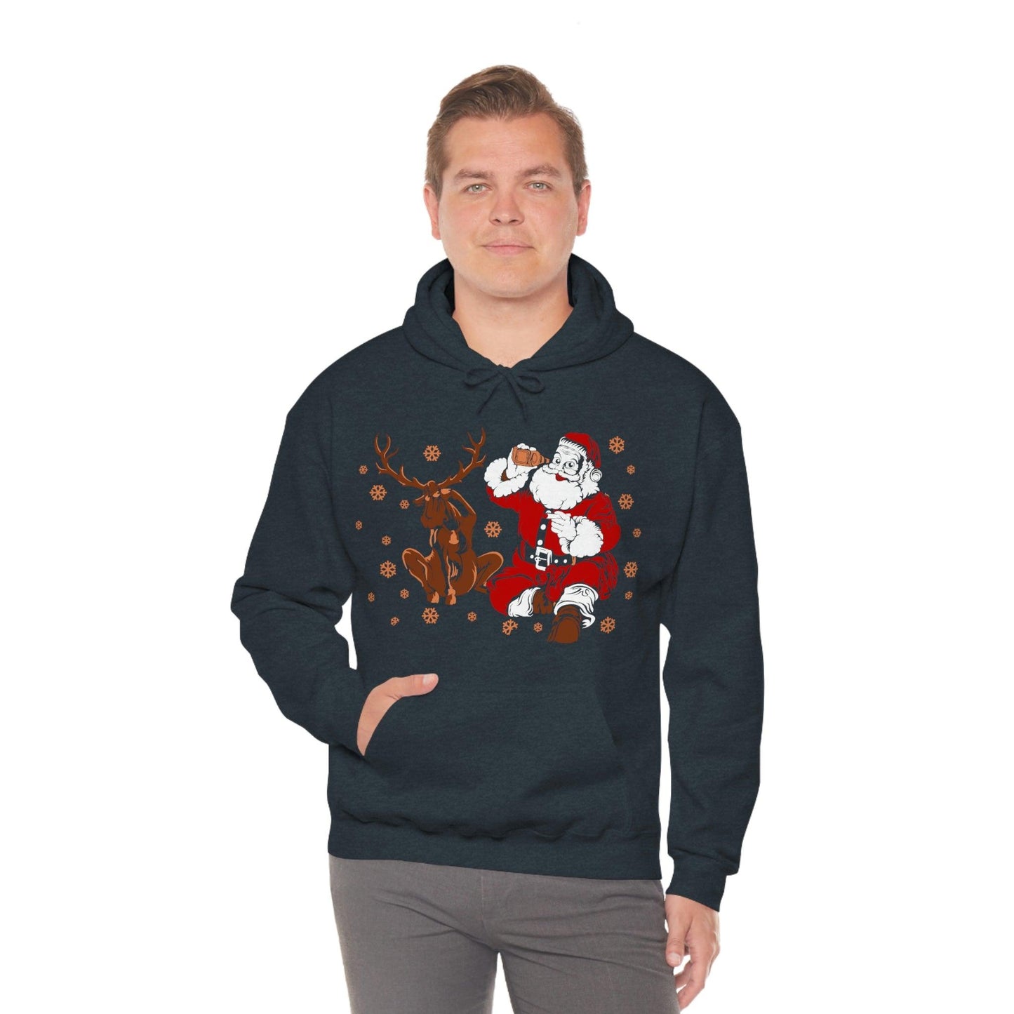 Santa and Reindeer Hooded Sweatshirt Christmas Shirt Funny Christmas Sweatshirt Christmas Gifts Santa Drinking Beer