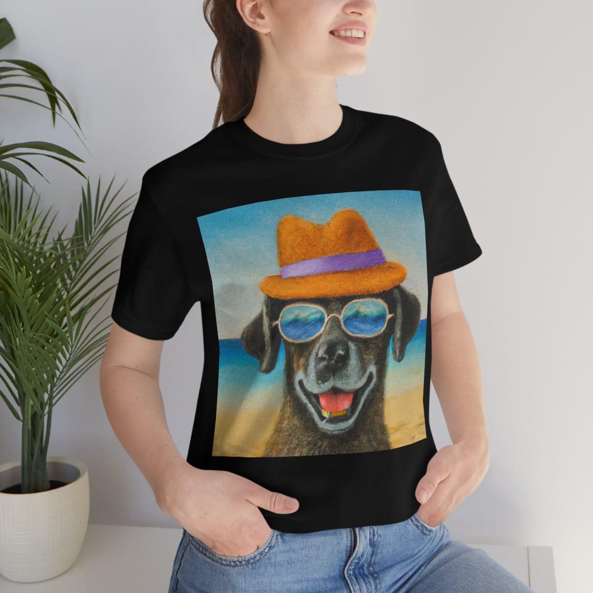 Dog with glasses and hat by the beach painting on ladies Tshirt - Giftsmojo