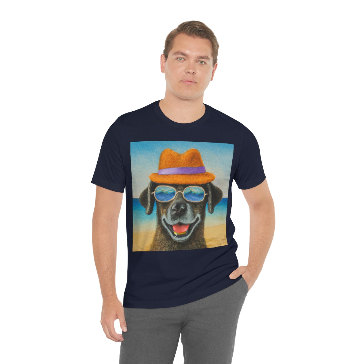 Dog with glasses and hat by the beach painting on ladies Tshirt