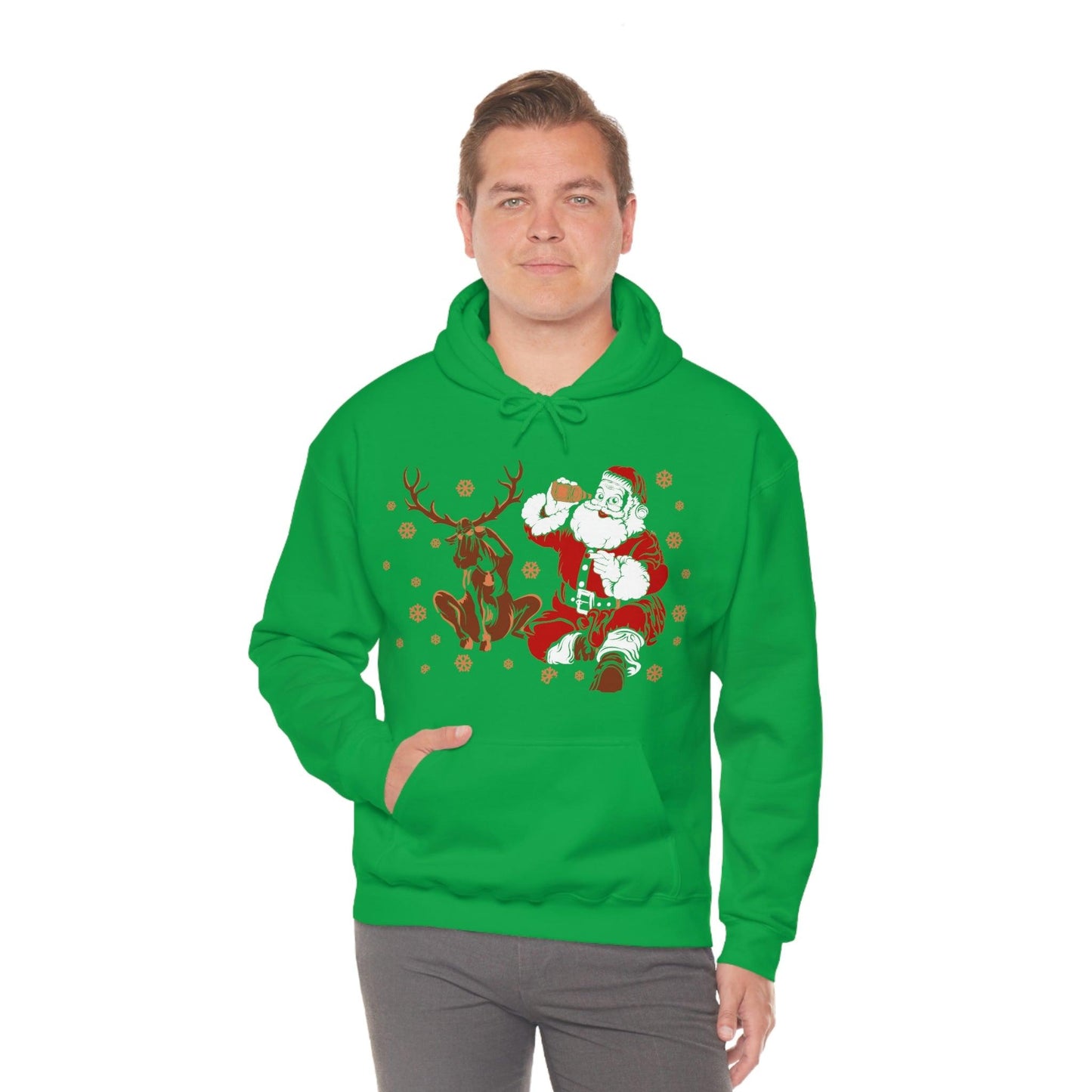 Santa and Reindeer Hooded Sweatshirt Christmas Shirt Funny Christmas Sweatshirt Christmas Gifts Santa Drinking Beer