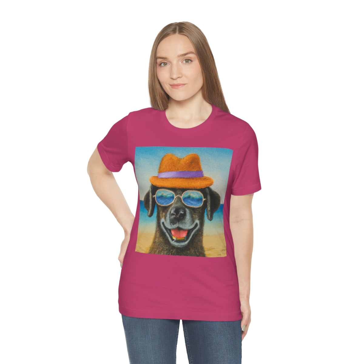 Dog with glasses and hat by the beach painting on ladies Tshirt