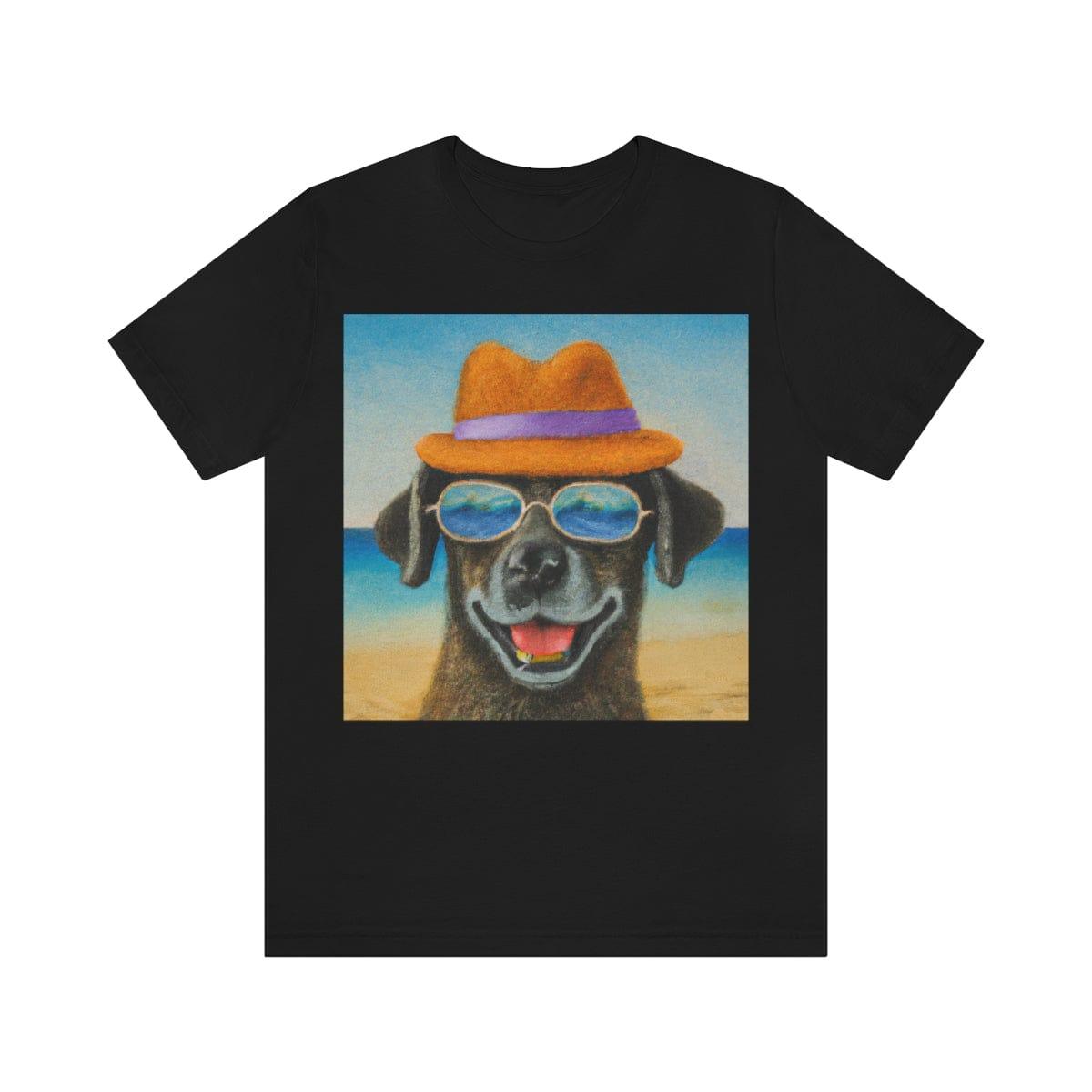 Dog with glasses and hat by the beach painting on ladies Tshirt - Giftsmojo