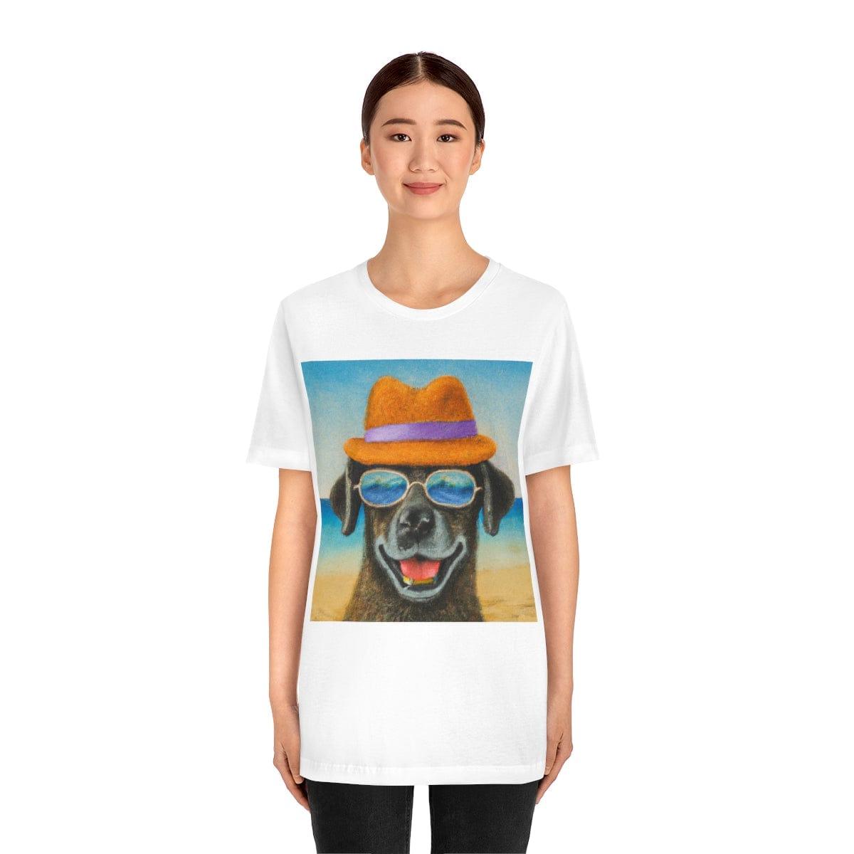Dog with glasses and hat by the beach painting on ladies Tshirt - Giftsmojo