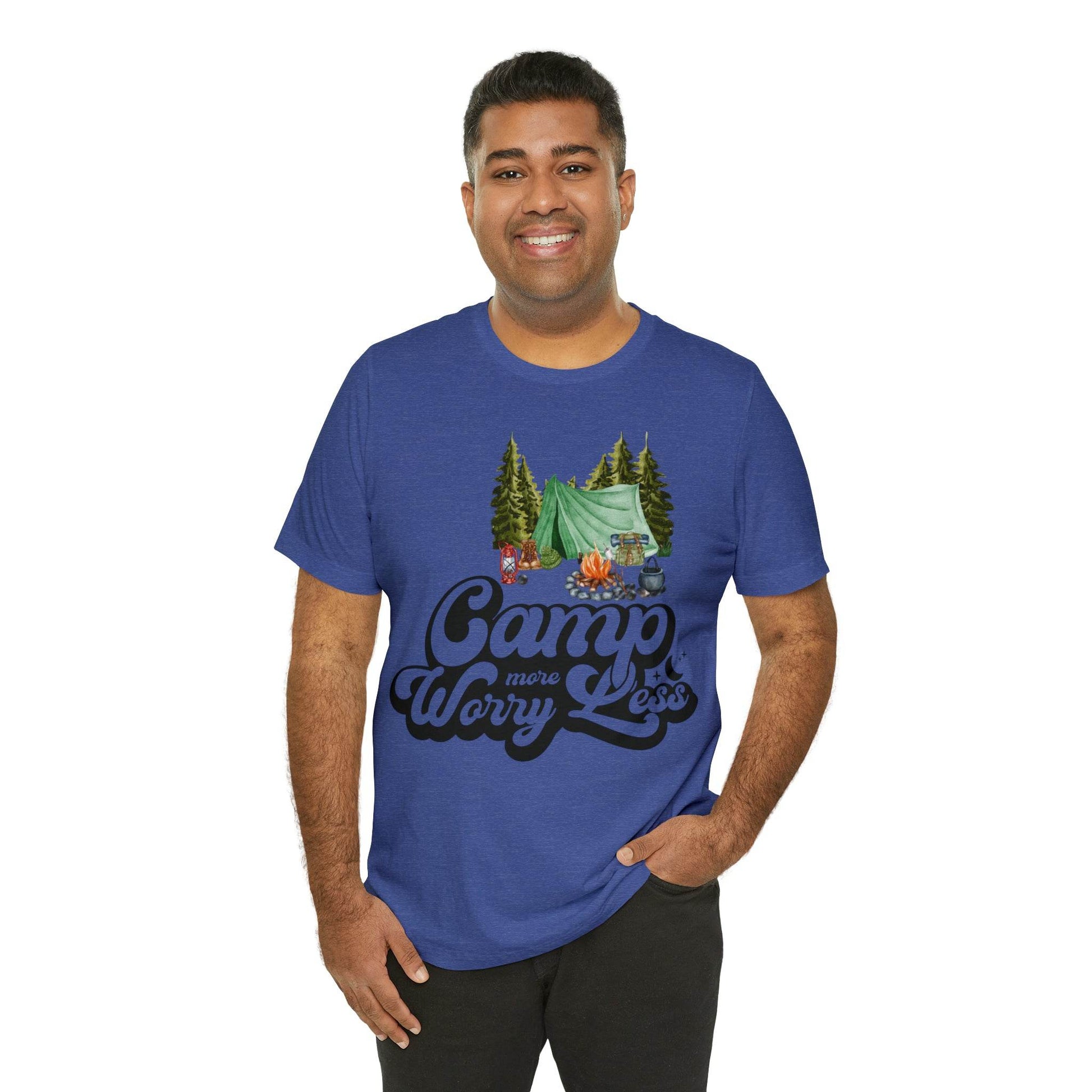 Camp More Worry Less Shirt, Outdoor adventure clothing, Nature-inspired shirts, Hiking apparel, Outdoor enthusiasts gift, Adventure-themed attire - Giftsmojo