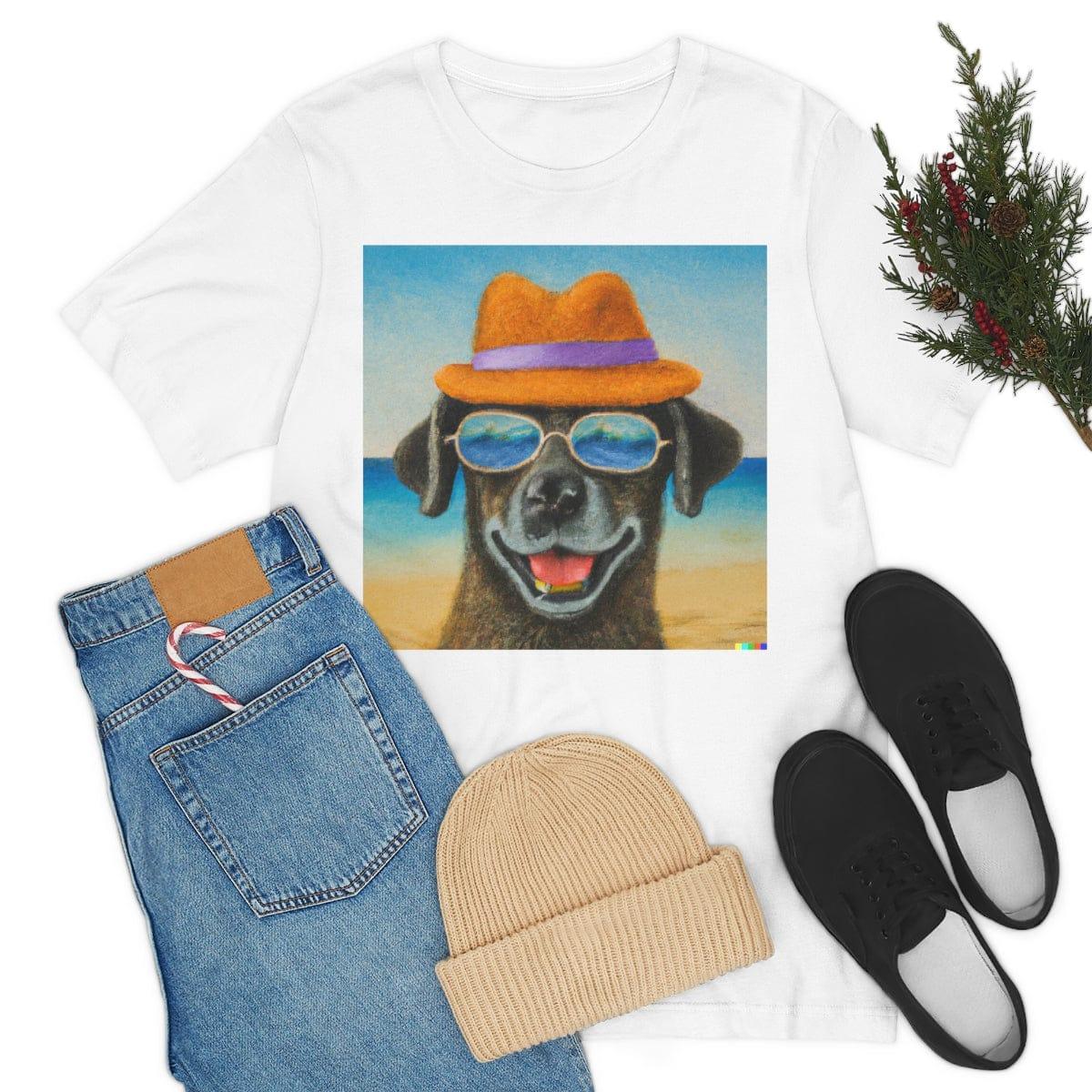 Dog at the beach wearing a hat and sunglasses arts Tshirt - Giftsmojo