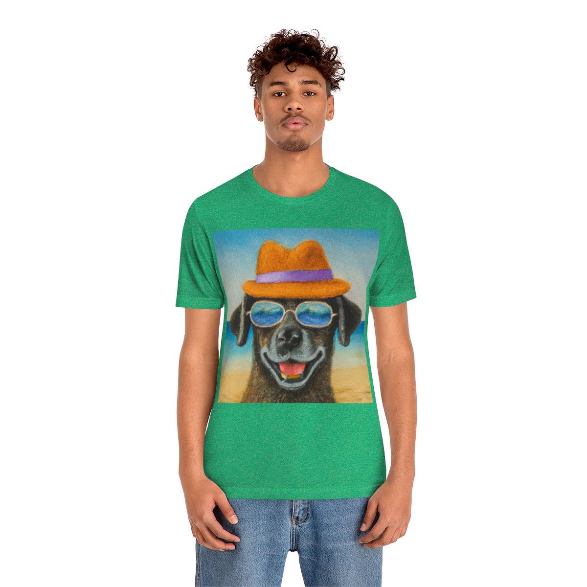 Dog with glasses and hat by the beach painting on ladies Tshirt - Giftsmojo