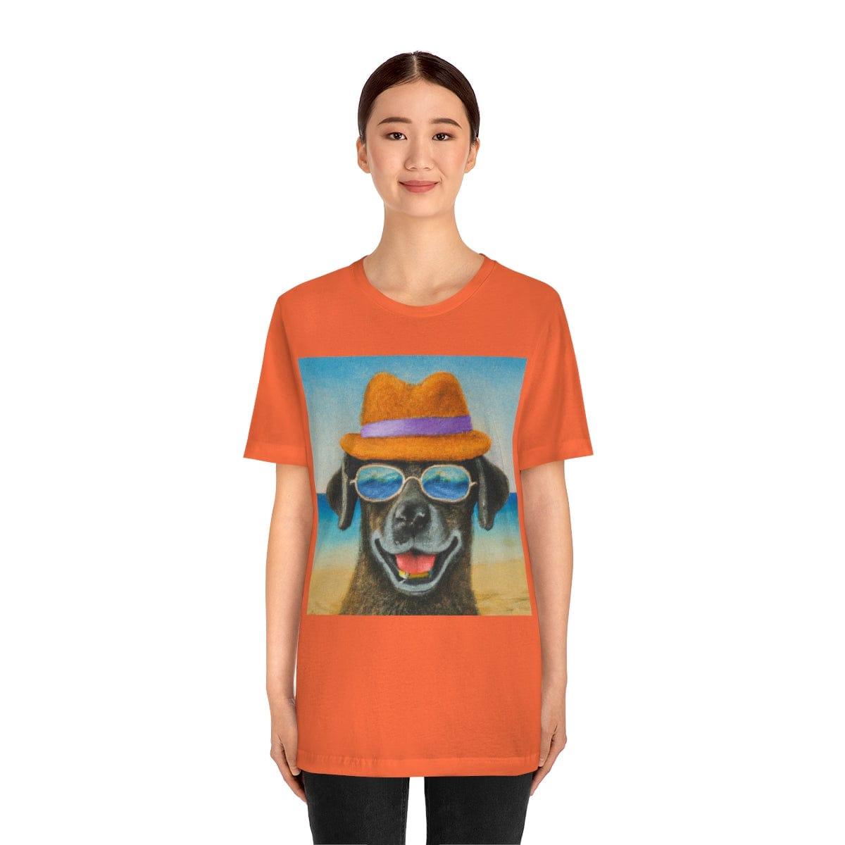 Dog with glasses and hat by the beach painting on ladies Tshirt - Giftsmojo