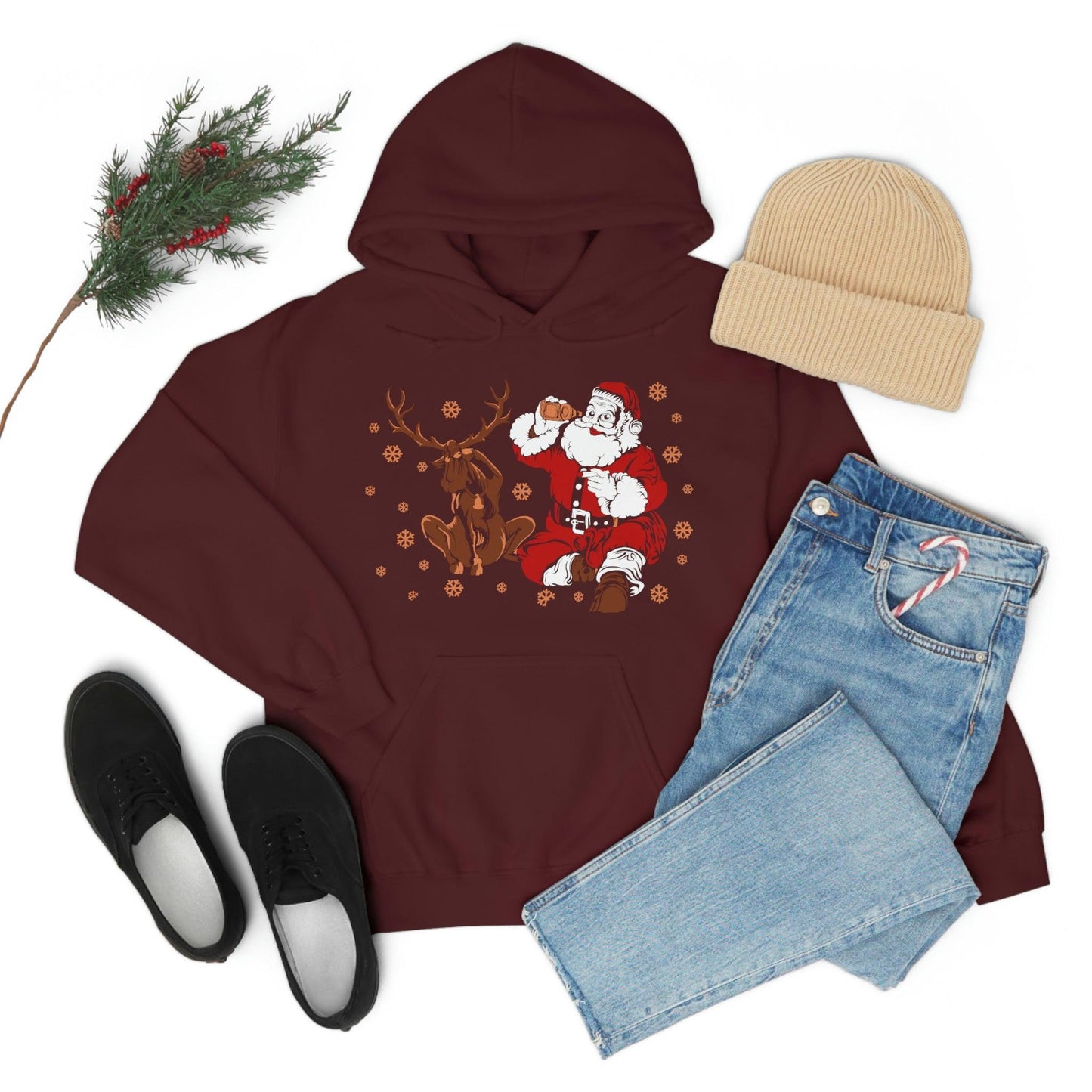 Santa and Reindeer Hooded Sweatshirt Christmas Shirt Funny Christmas Sweatshirt Christmas Gifts Santa Drinking Beer