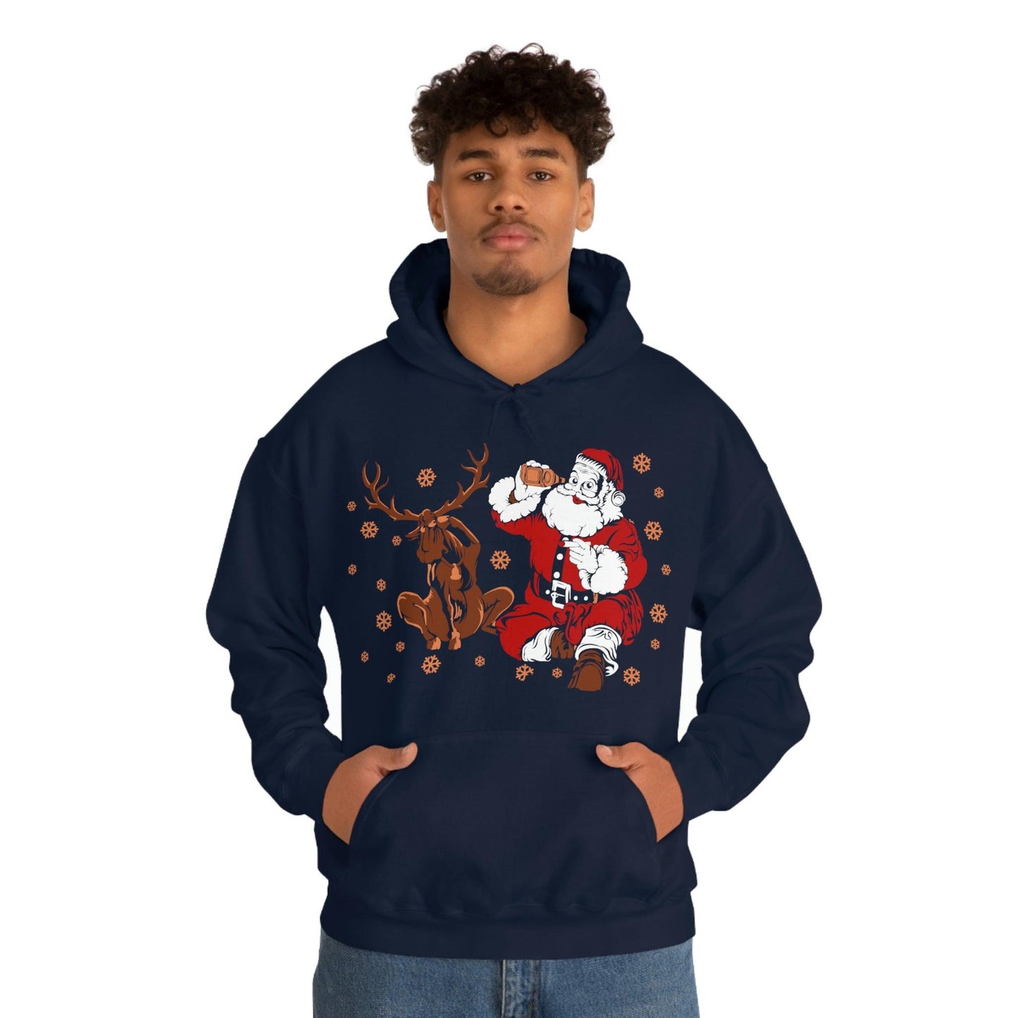 Santa and Reindeer Hooded Sweatshirt Christmas Shirt Funny Christmas Sweatshirt Christmas Gifts Santa Drinking Beer