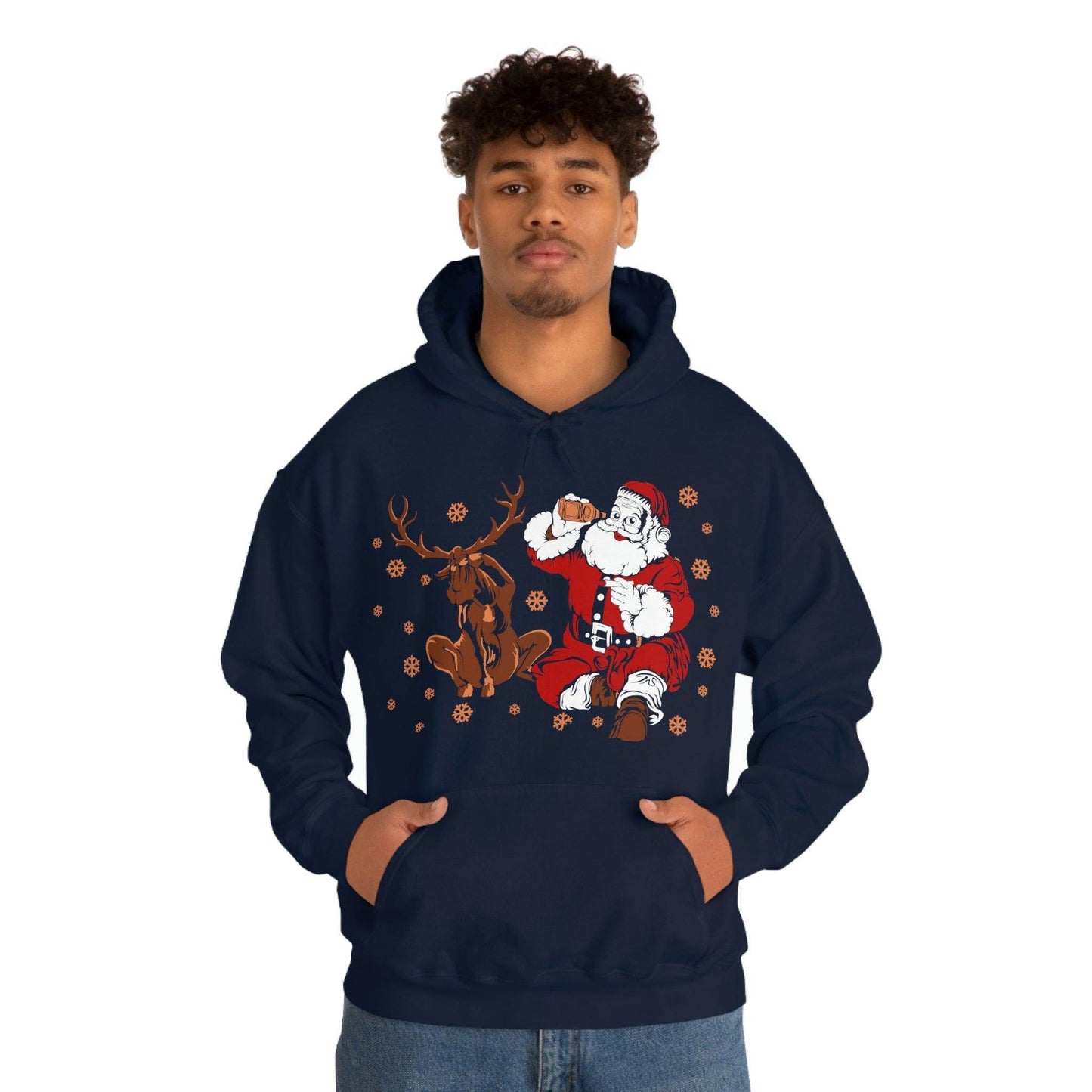 Santa and Reindeer Hooded Sweatshirt Christmas Shirt Funny Christmas Sweatshirt Christmas Gifts Santa Drinking Beer - Giftsmojo