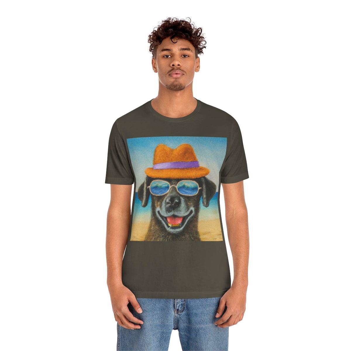 Dog with glasses and hat by the beach painting on ladies Tshirt - Giftsmojo