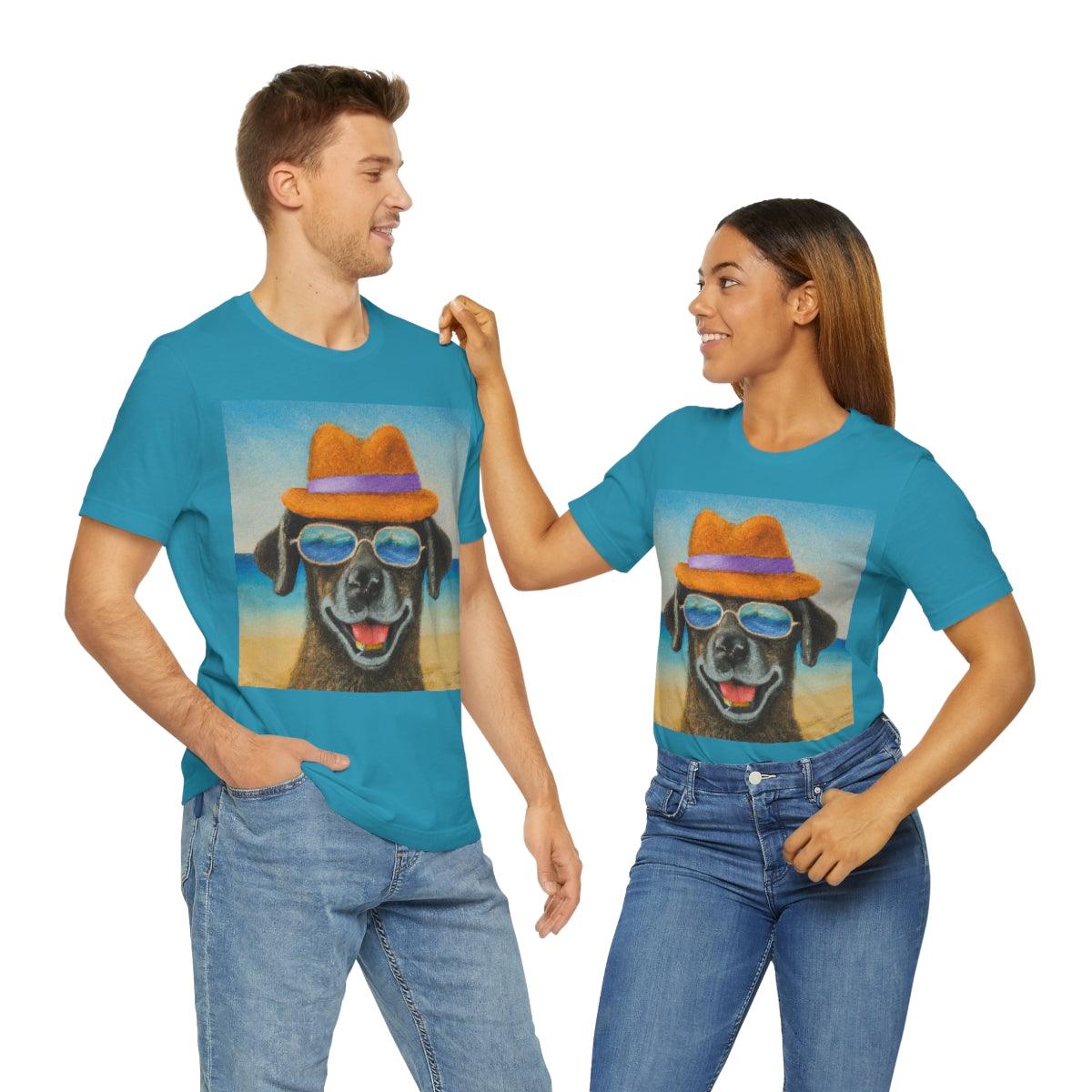Dog with glasses and hat by the beach painting on ladies Tshirt - Giftsmojo
