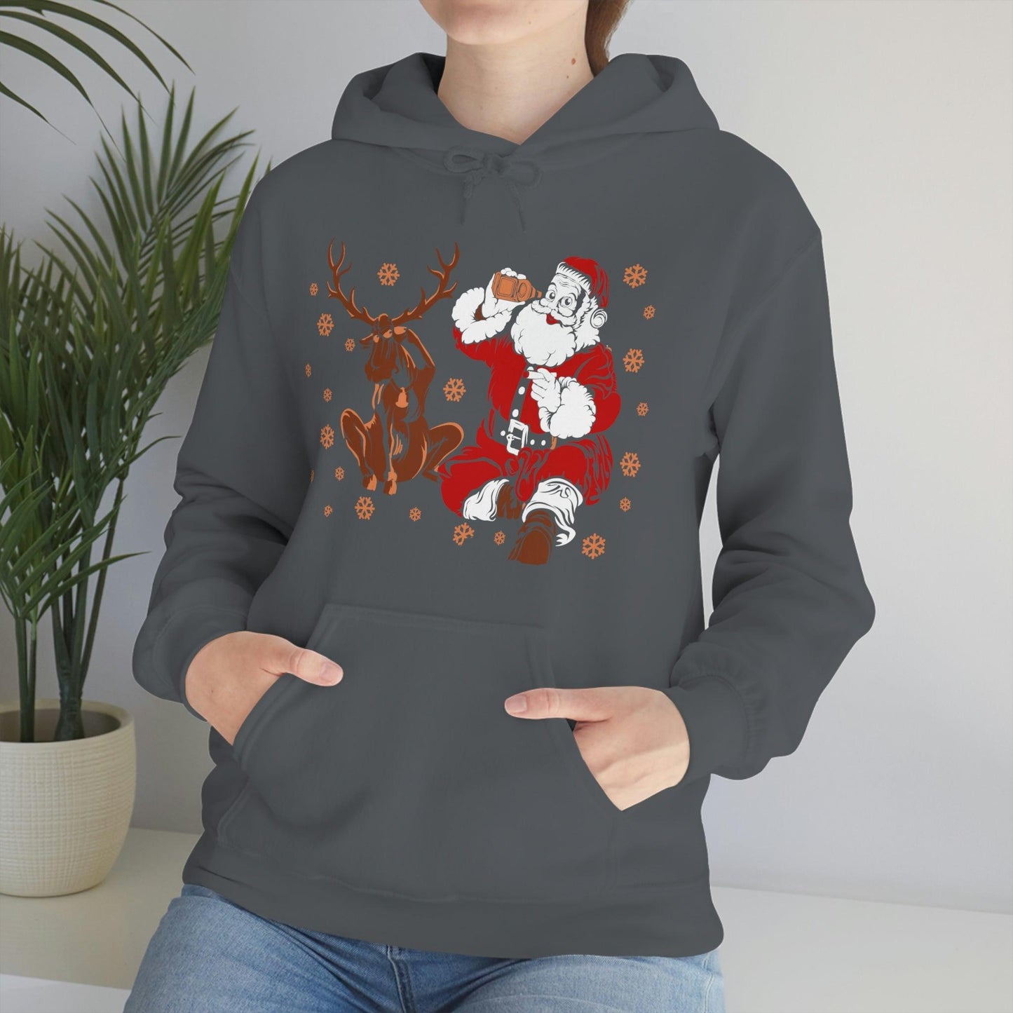 Santa and Reindeer Hooded Sweatshirt Christmas Shirt Funny Christmas Sweatshirt Christmas Gifts Santa Drinking Beer